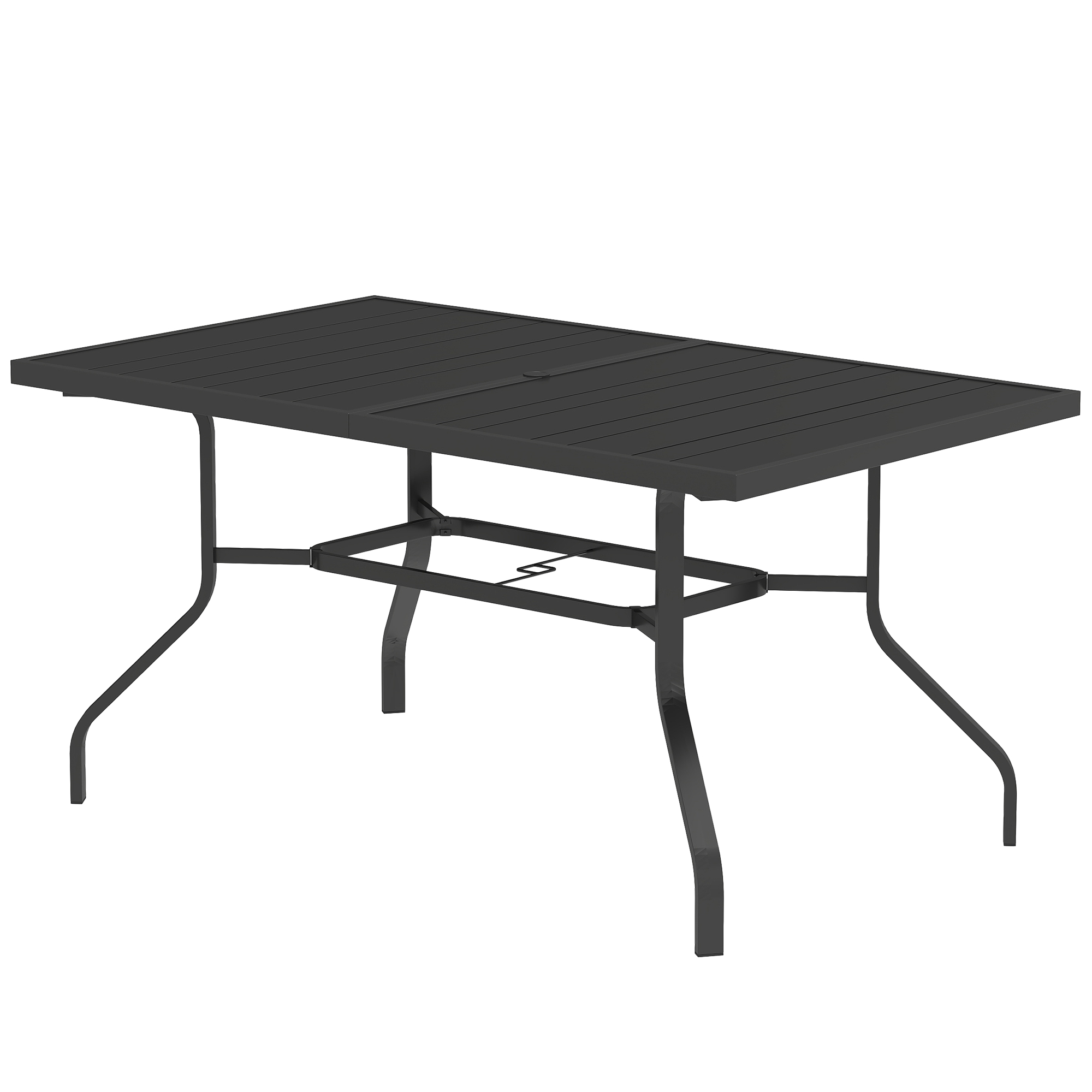 Outsunny Tuintafel 152x90 cm, Weerbestendige Balkontafel van Staal, Bijzettafel met Parasolgat, Lattenontwerp Zwart