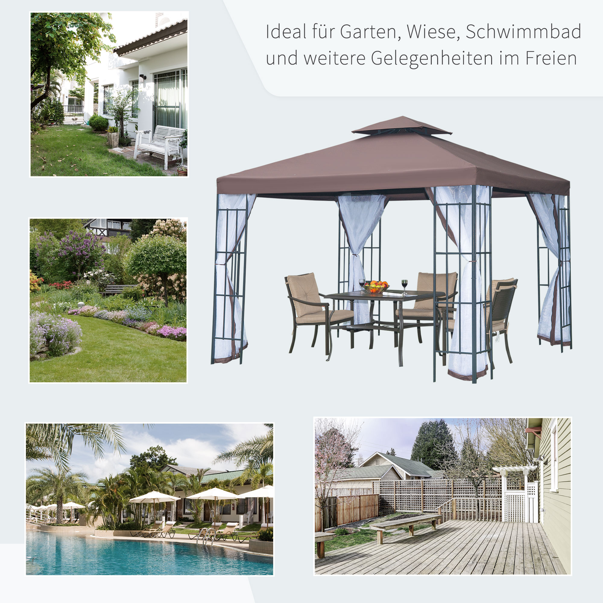 Outsunny Partytent in de tuin partytent paviljoen tuintent feesttent dubbel dak 3 x 3 m bruin