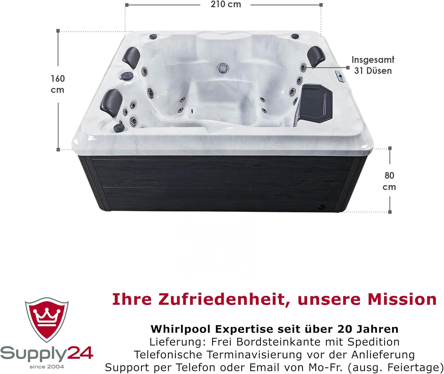 Luxus Outdoor Whirlpool Berlin (Weiß) – 210x160 cm – mit 31 Massagedüsen, Heizung, Ozon, LED – Hot Tub für 2–3 Personen – Winterfest – Garten & Terrasse