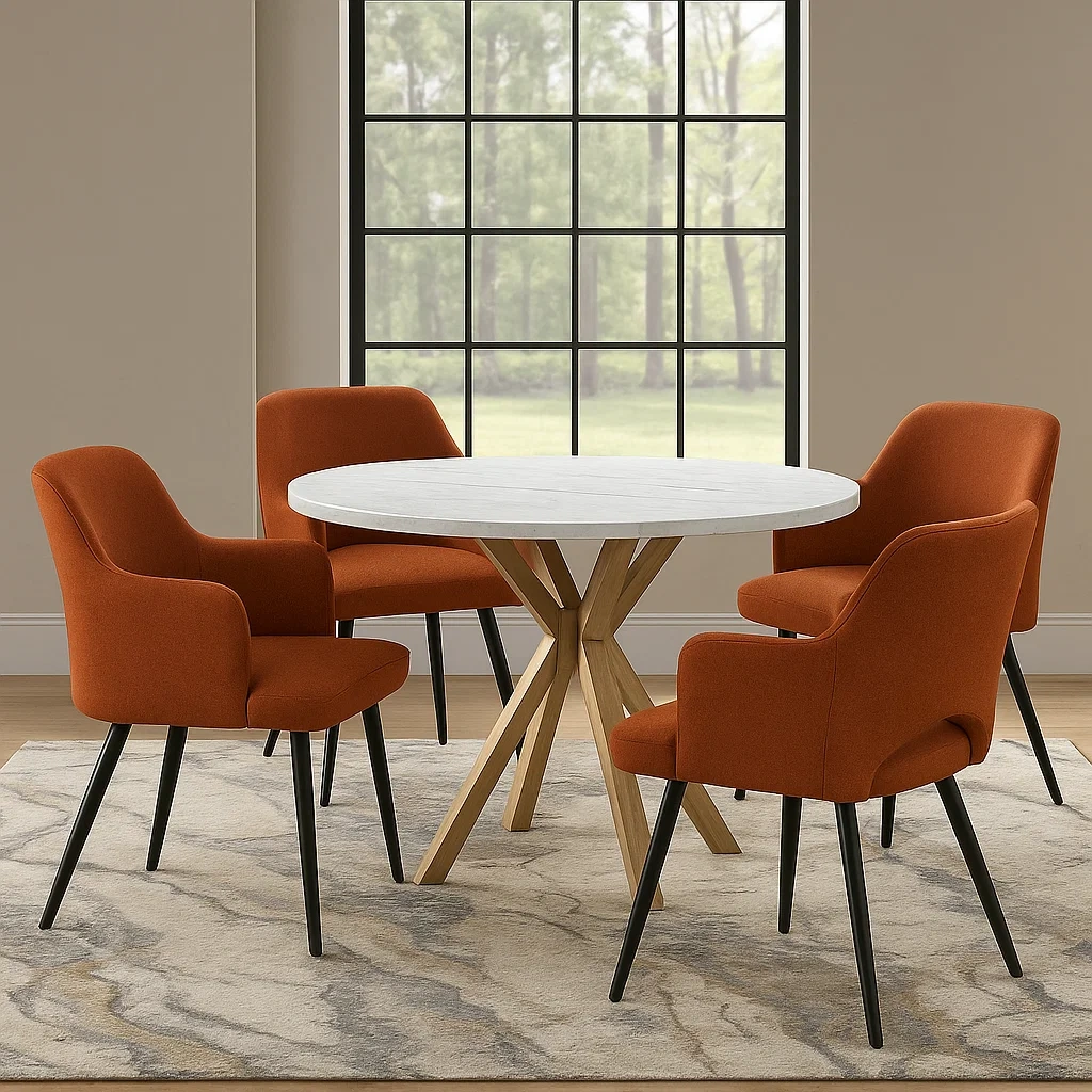 Spisest til 4 personer, tr og stof, hvid og brndt orange, rundt bord med krydsfod, fast struktur, borddiameter 100x75 cm, stol 55x58x85 cm, indendrs - OvbVBdAesGtM
