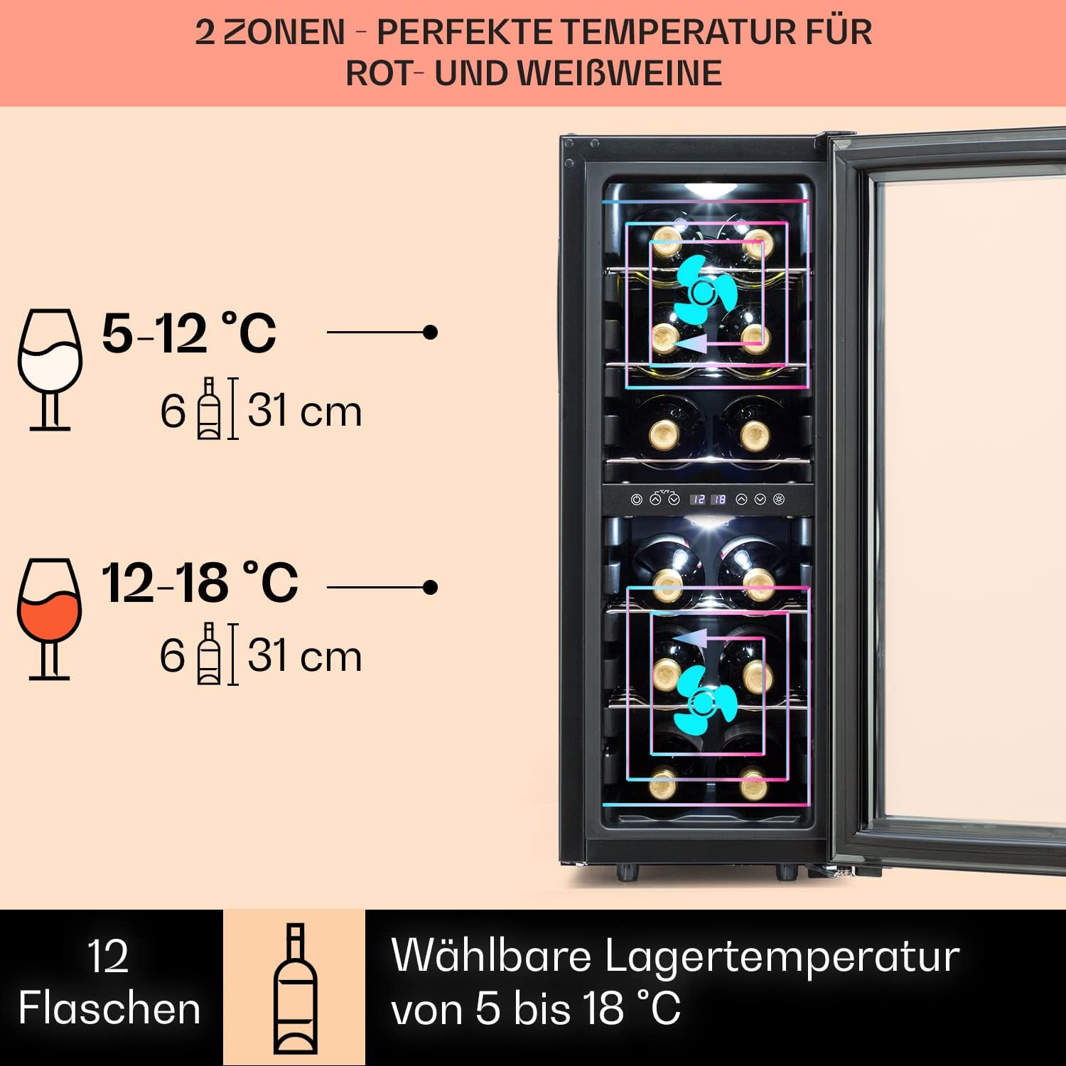 Klarstein Weinkühlschrank Freistehend, Kleiner Getränkekühlschrank Schmal, 2 Zonen Weinkühlschrank mit Glastür, Indoor/Outdoor Beersafe, Kühlschrank Klein mit UV-Schutz, 5-18°C, 12 Flaschen