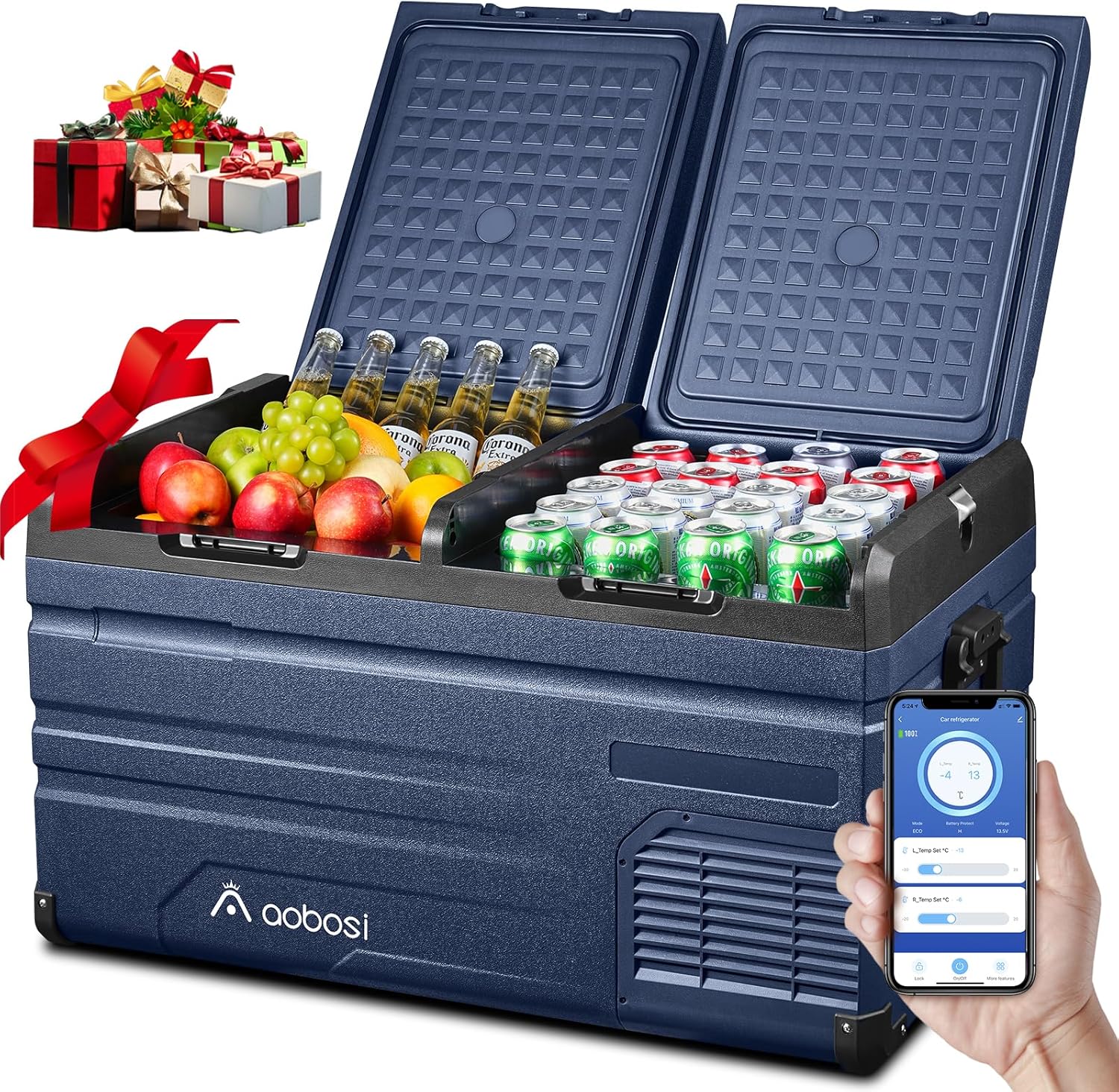 AAOBOSI 72L Kompressor Kühlbox, Dual Zone, Camping Kühlschrank mit APP, -20°C bis 20°C, USB-Handy-Ladung, LED-Beleuchtung, 12/24V und 100-240V, Geeignet für Autos, Lastwagen, Boote, Camping und Reisen