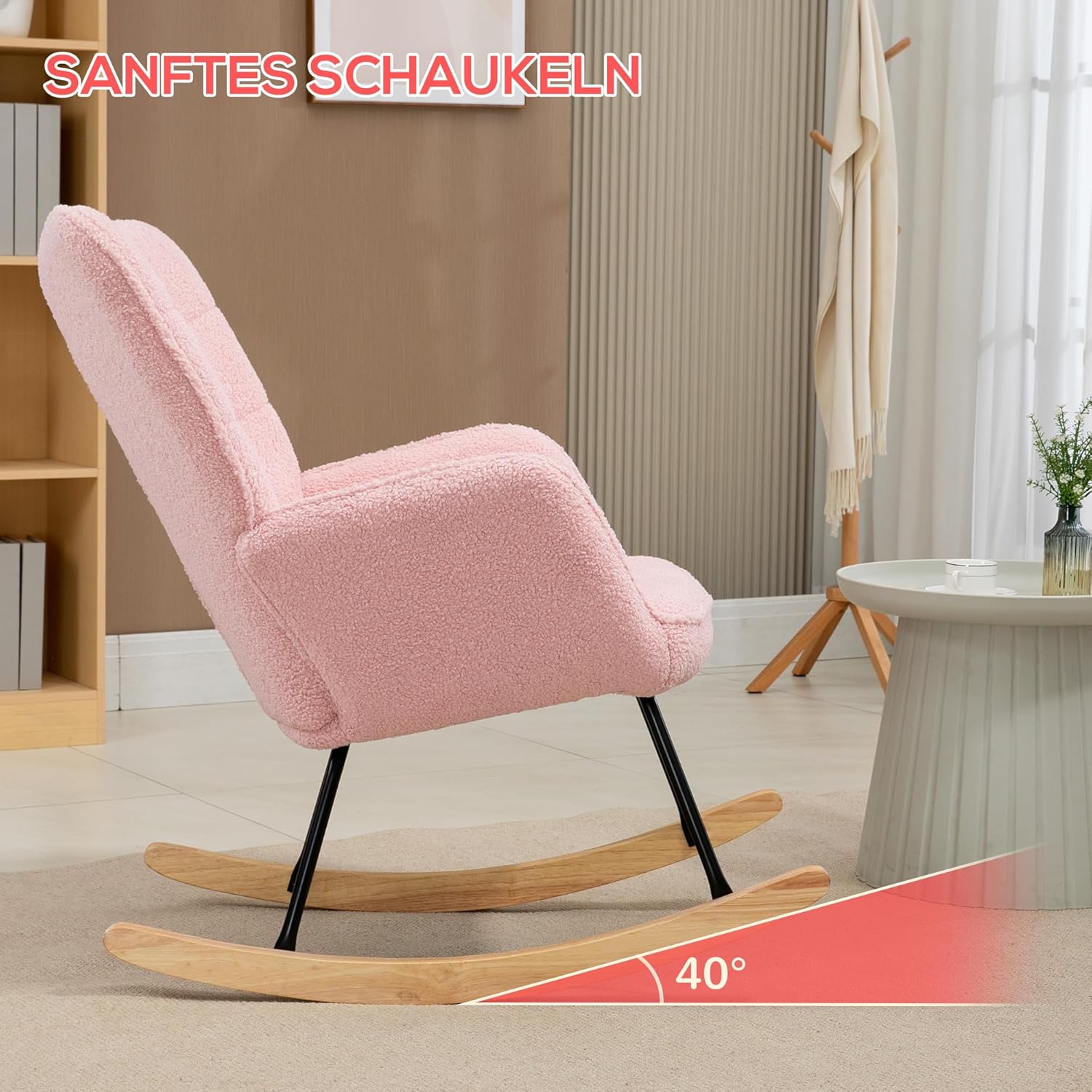 HOMCOM Schaukelstuhl, Schaukelsessel mit Berbervliesoptik, Armlehne, Gepolsterter Sessel mit Holzkufen, Relaxsessel für Wohnzimmer, Schlafzimmer, bis 120kg belastbar, Rosa