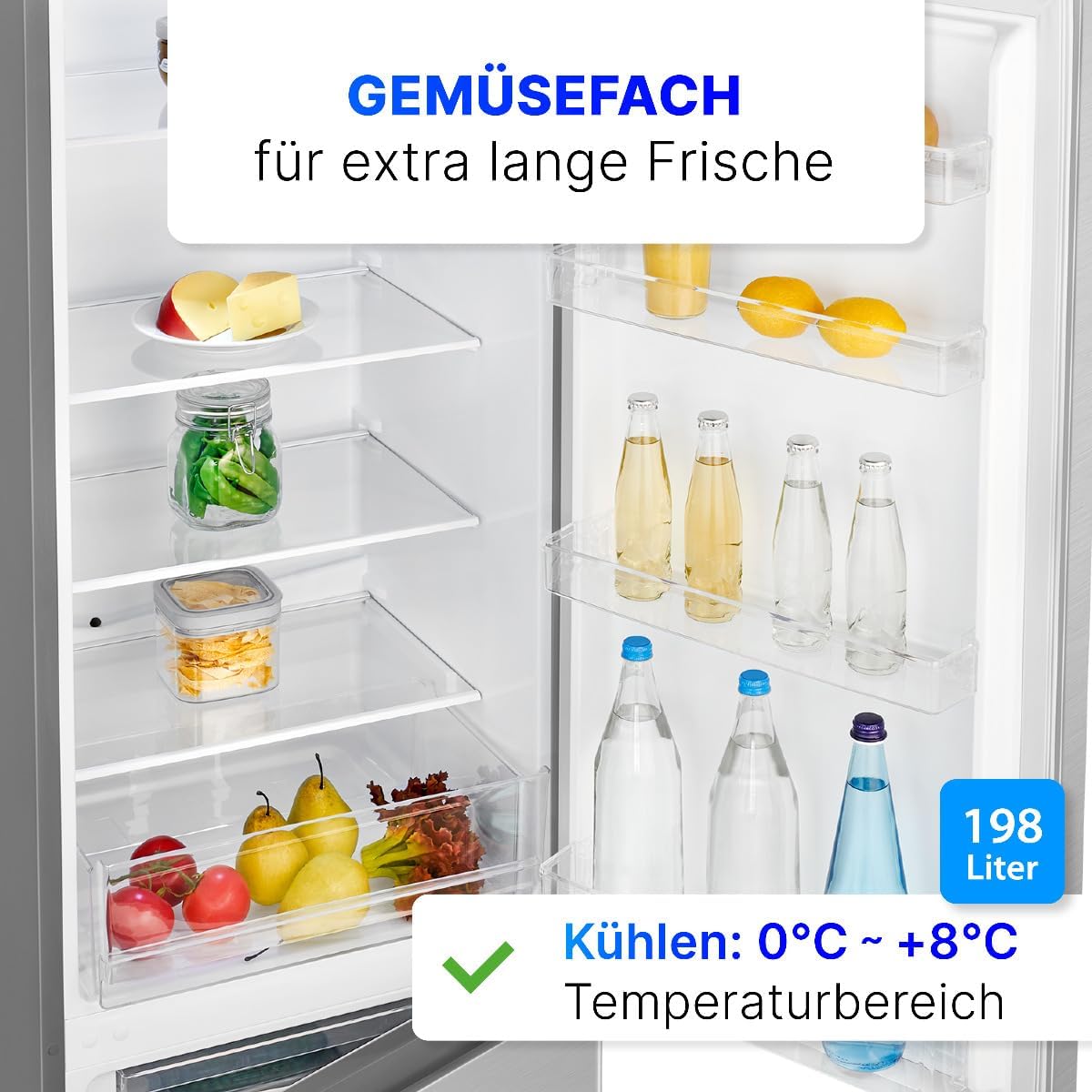 Bomann Kühlschrank mit Gefrierfach | Energieklasse D | 180cm | Kühl Gefrierkombination leise 39 dB | 4 Ablagen & 3 Schubladen | Türanschlag wechselbar | 269L Kühlgefrierkombi | KG 184.2 inox