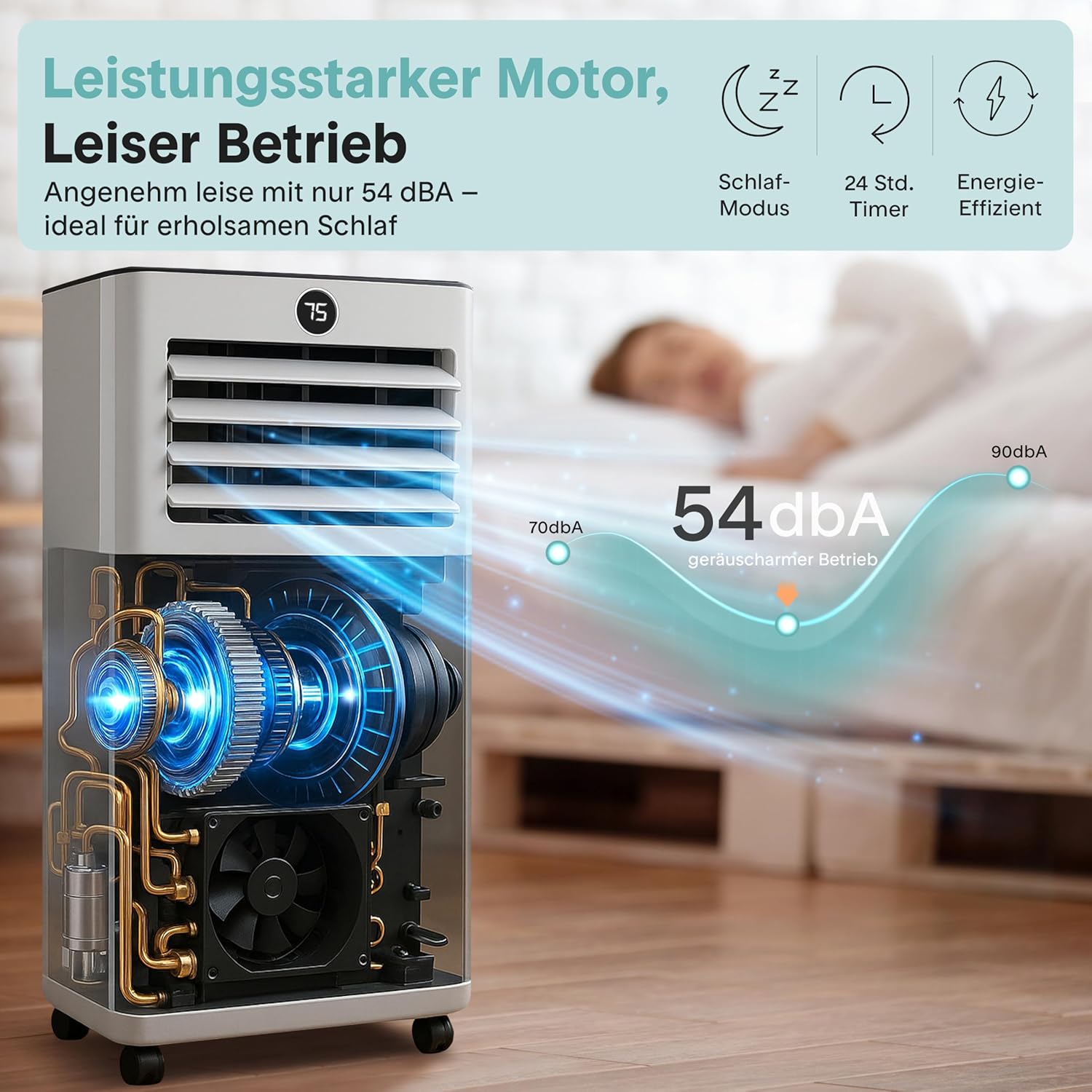 SereneLife Klimaanlage 7000BTU 2.05kW- 4-in-1 Mobiles Klimagerät mit WLAN, Heizen, Entfeuchten, Ventilator für Räume bis 28 m², inkl. Abluftschlauch und Fensterkit, 24h- Timer, 54db