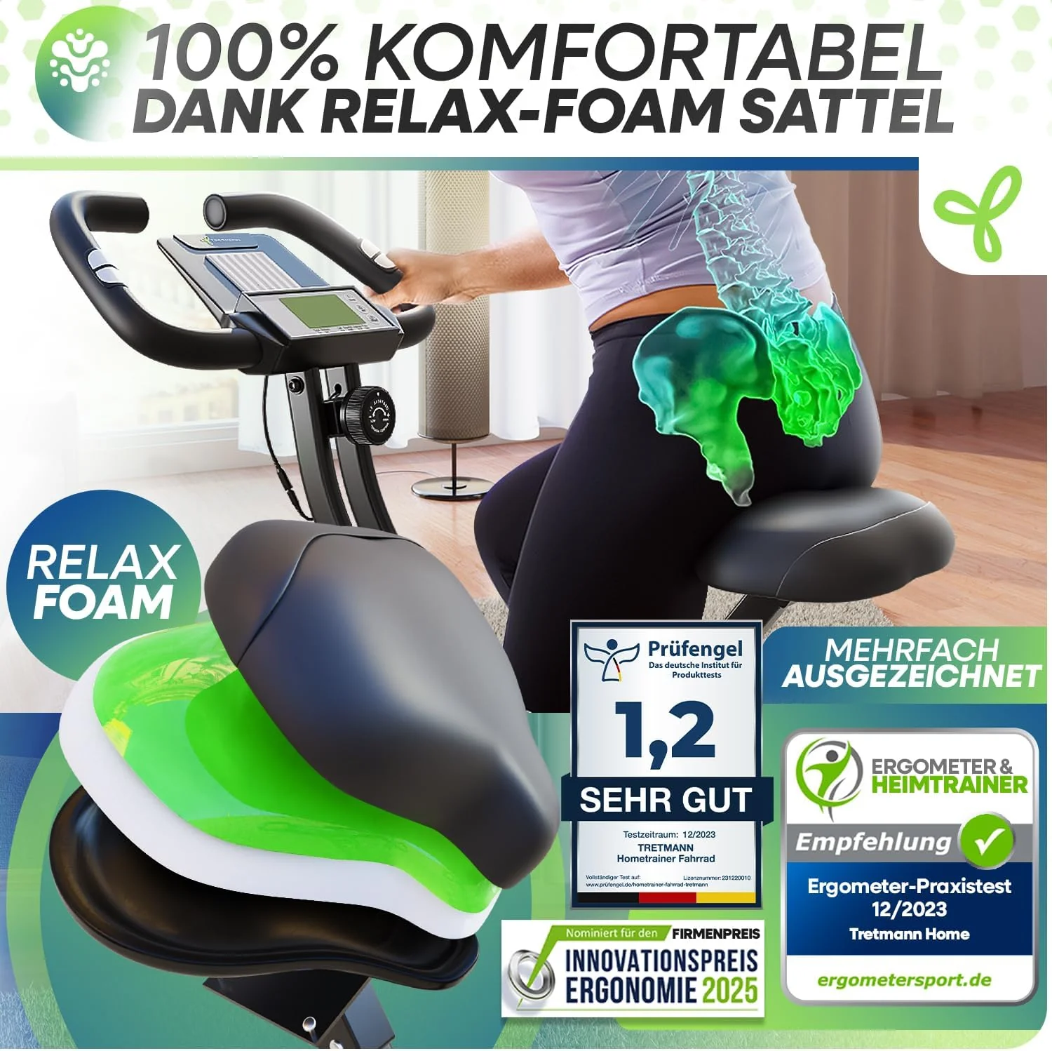TRETMANN Heimtrainer klappbar 16 Stufen – Magnetbremse, Pulssensor, 150kg, DEKRA, Matt Stahl