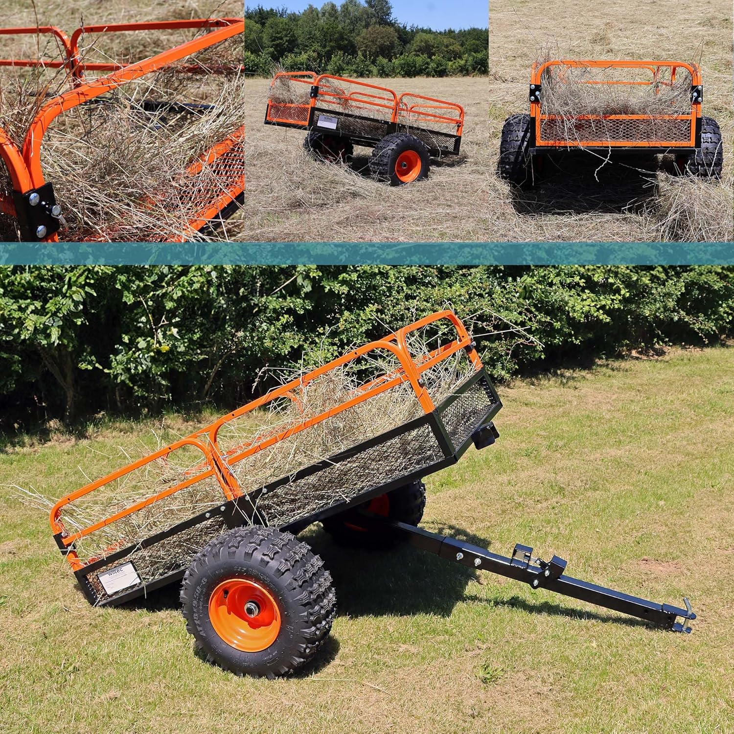 Wiltec Kippanhänger bis 680 kg für Rasentraktor, Anhänger Kipper 216 x 122 x 76,2 cm mit Gitter u. abnehmbaren Seitenwänden, Anhänger mit Kippfunktion