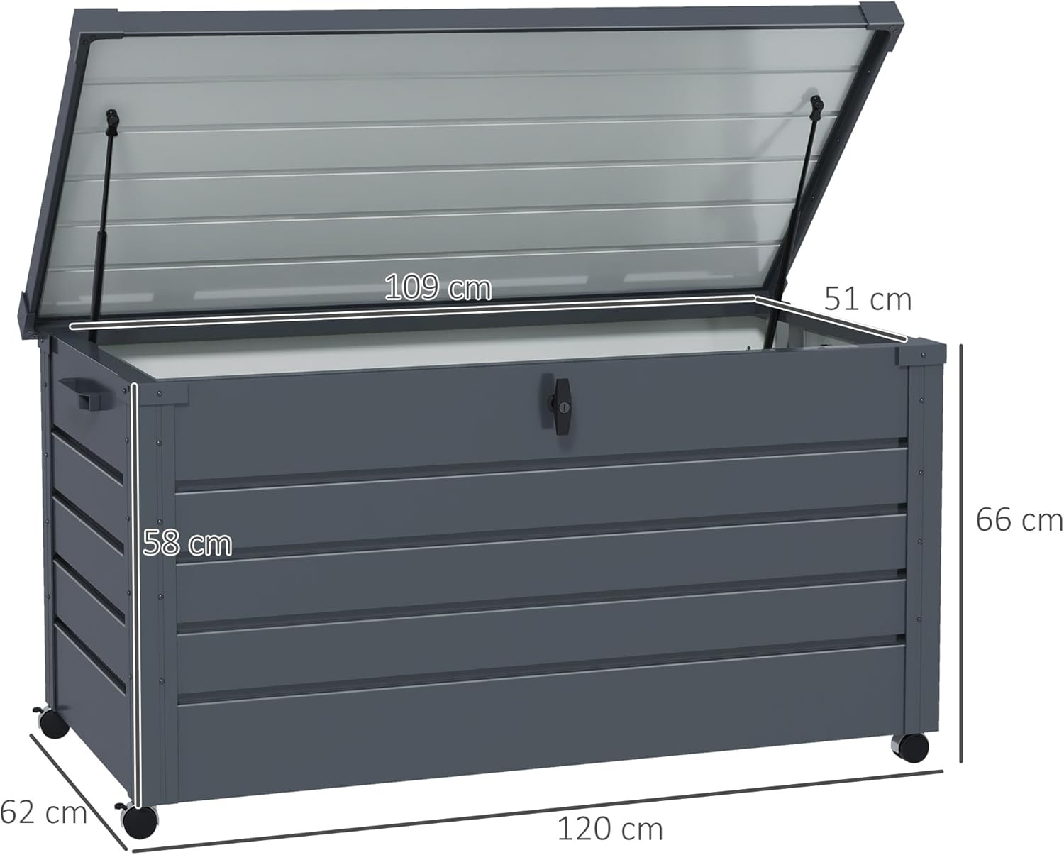Outsunny Gartenbox Metall 311 Liter Auflagenbox mit Griffen Rollen Schloss Wasserdicht Abschließbar Gartentruhe Outdoor Kissenbox wetterfest Aufbewahrungsbox für Garten Balkon 120 x 62cm Dunkelgrau
