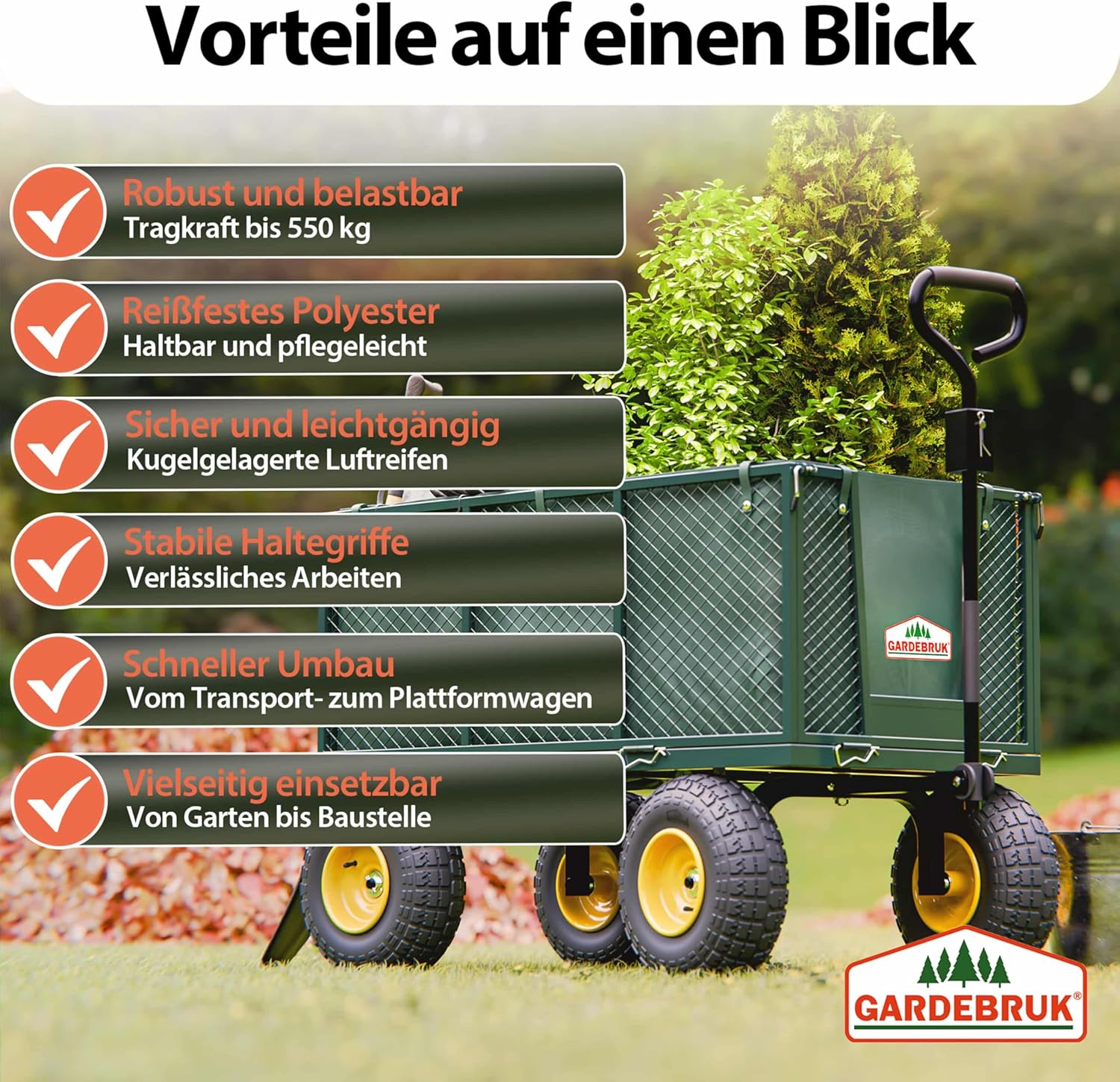 GARDEBRUK® Bollerwagen 550kg Belastbar Klappbar Stabil Herausnehmbare Plane Gerätewagen Handwagen Garten Gartenkarre Gartenwagen Transportwagen Karre