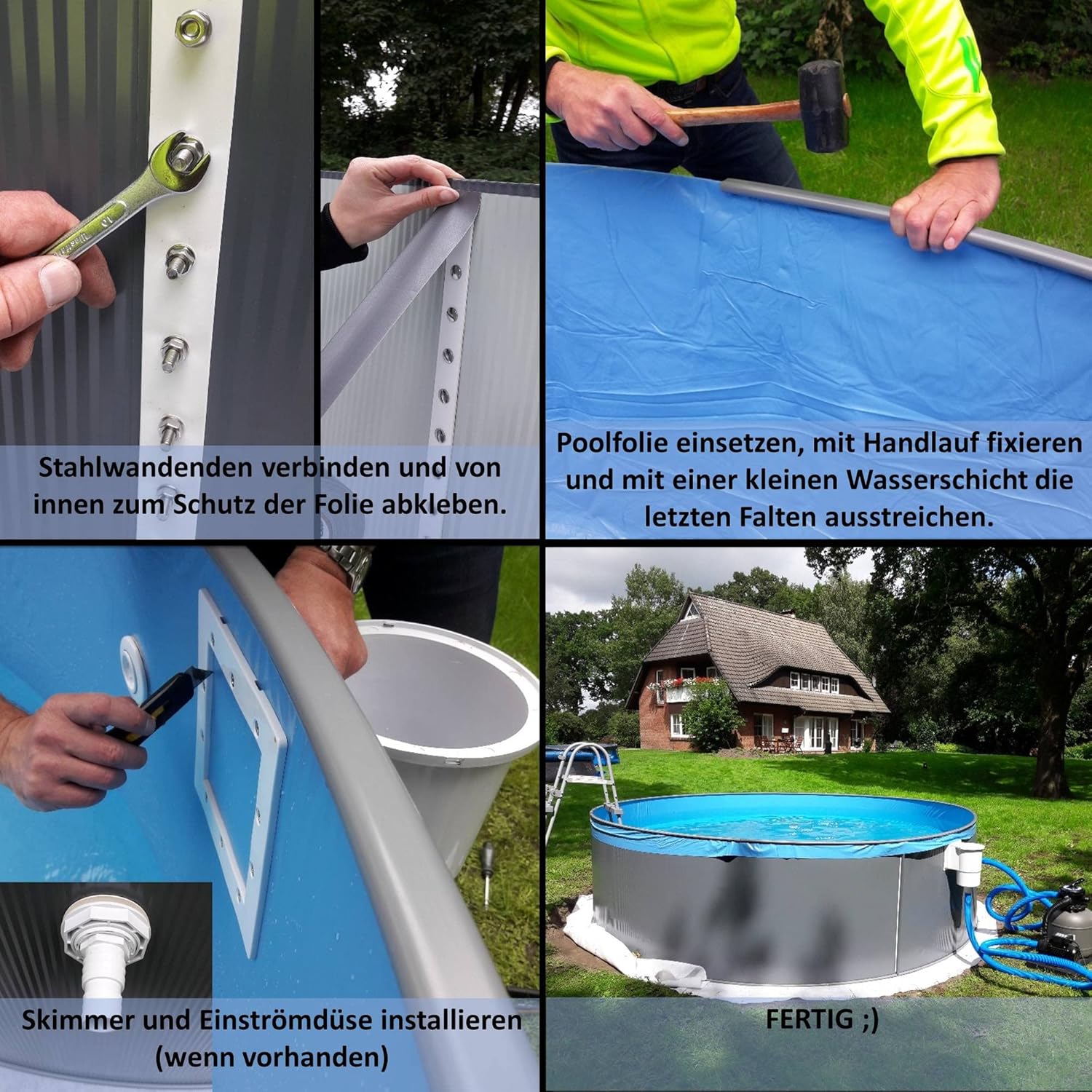 Planet Pool Stahlwandpool Set (5-teilig) rund 350x120 cm, Stahl 0,4 mm anthrazit, Folie 0,4 mm blau, Einhängebiese