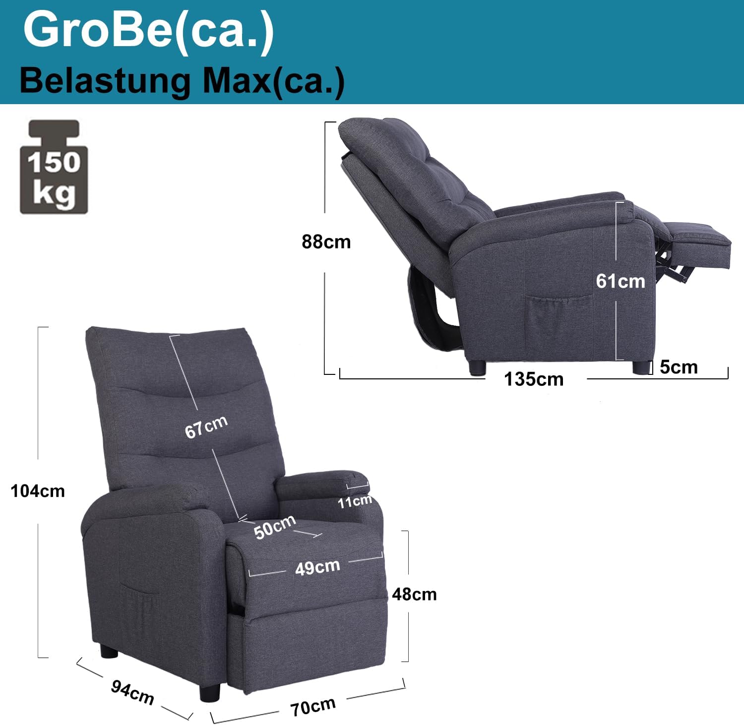 Mingone Relaxsessel, Fernsehsessel mit Liegefunktion, TV-Sessel mit Taschenfederkern, Gepolstert Liegesessel Ruhesessel Leinen Dunkelgrau für Wohnzimmer Schlafzimmer bis 150kg