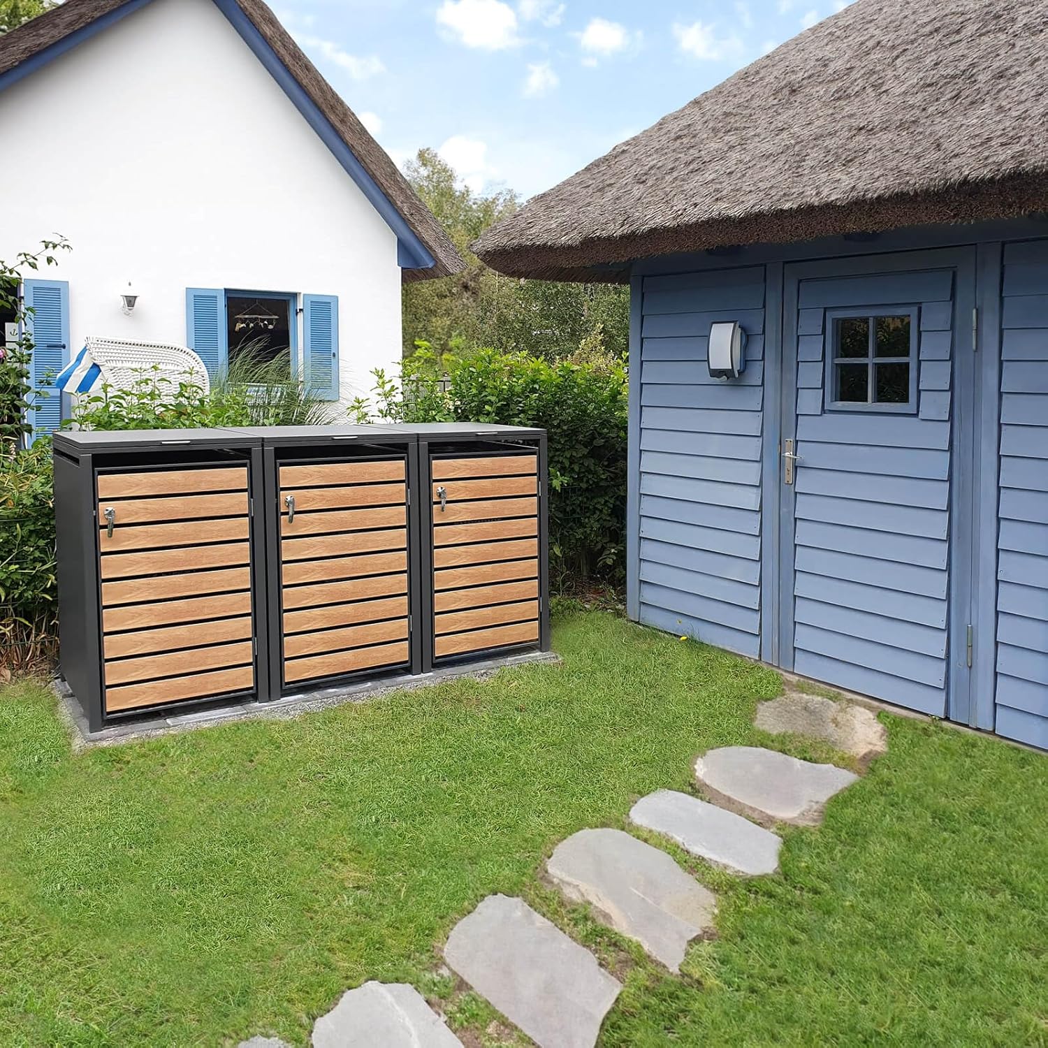 Metzler Mülltonnenbox in Anthrazit & Holzoptik 3er 240L, Mülltonnenverkleidung 3 Tonnen, witterungsbeständiger und pulverbeschichteter Stahl mit Automatikdeckel, abschließbar, Garten- und Müllbox