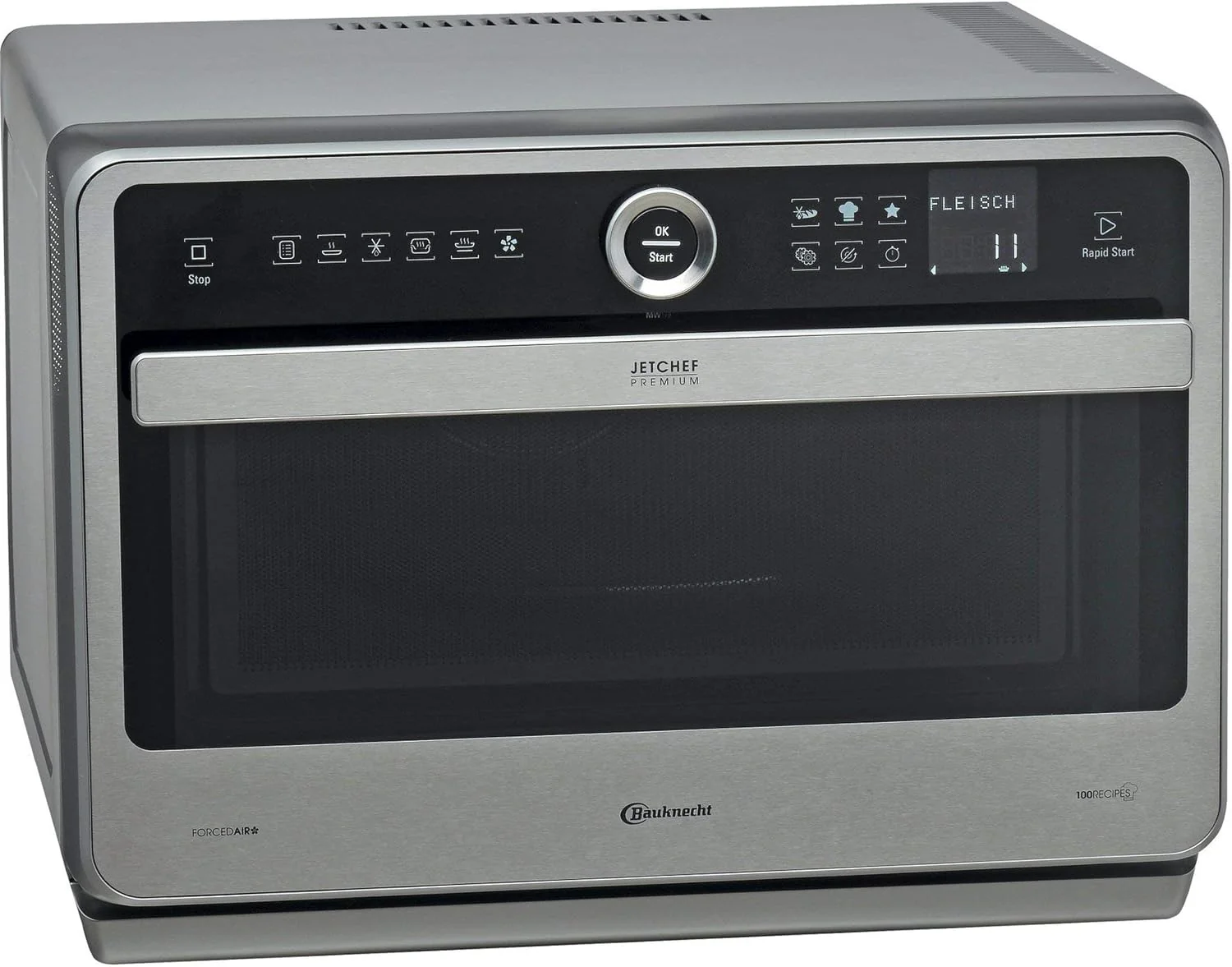 Bauknecht Jet Chef MW 179 IN Rvs 5-in-1 Multifunctionele Magnetron/ 1000 W/ 33 L Gaarruimte/Hete lucht 1500 Watt/ Kwartsgrill 1200 W/DualCrisp/ Stoomkoken/Smelt- en Snelontdooifunctie