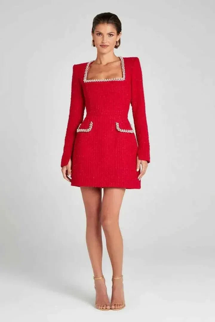 Langarm Tweed Minikleid f��r Damen mit Perlendetails und elegantem Schnitt