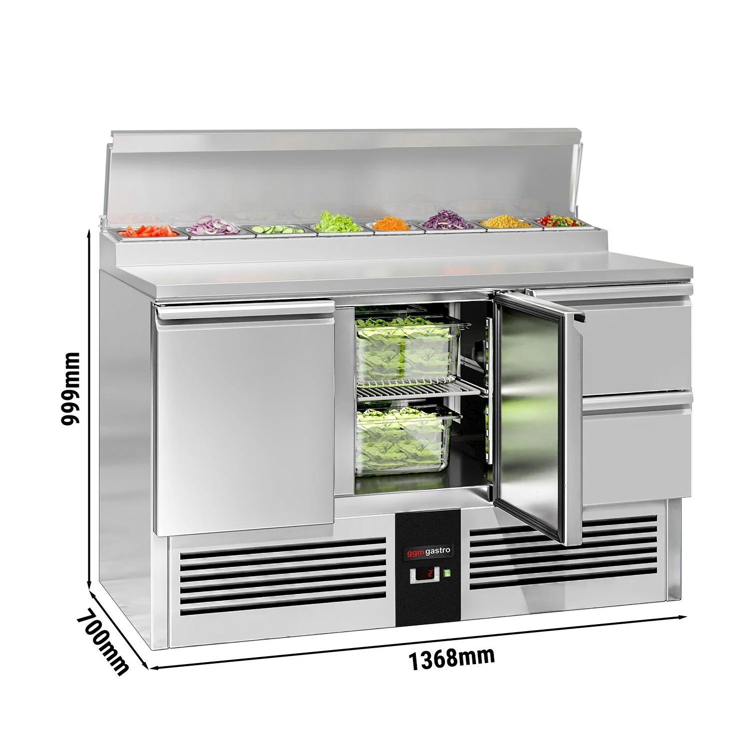 Salatdisk / Pizzakjølebenk PREMIUM - 1,37 x 0,7 m - med 2 Dører og 2 Skuffer