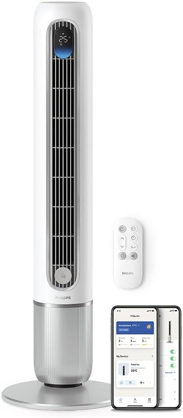 Philips Smarter Turmventilator 7000 Series – 8,4 m/s stark, ultraleise 22 dB, energieeffizient, App & Fernbedienung, Wlan, 12 Stufen, Schlafmodus, Temp‑Anzeige, 12‑h Timer, 80° Oszillation (CX7550/00)