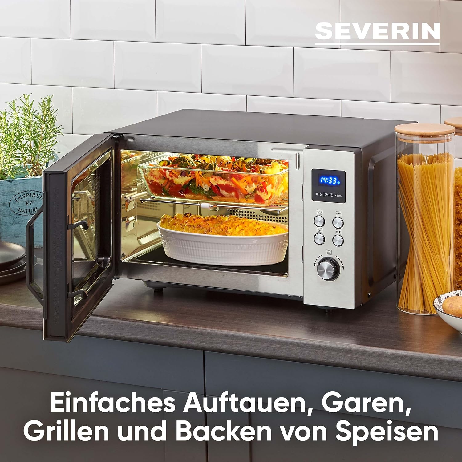 SEVERIN Mikrowelle mit Grill und Heißluftfunktion 3-in-1, zum Auftauen, Garen und Erhitzen, Mikrowelle mit Drehteller, Edelstahl-gebürstet/silber, MW 7774