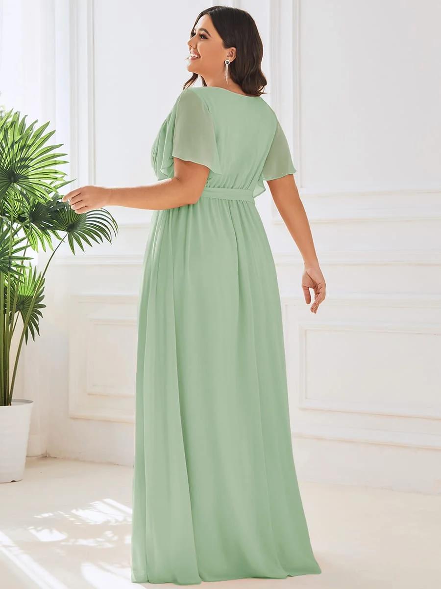 Abendkleid Damen Maxi A-Linie aus Chiffon | Festliches Kleid f��r Hochzeitsg?ste mit V-Ausschnitt und Fl��gel?rmeln