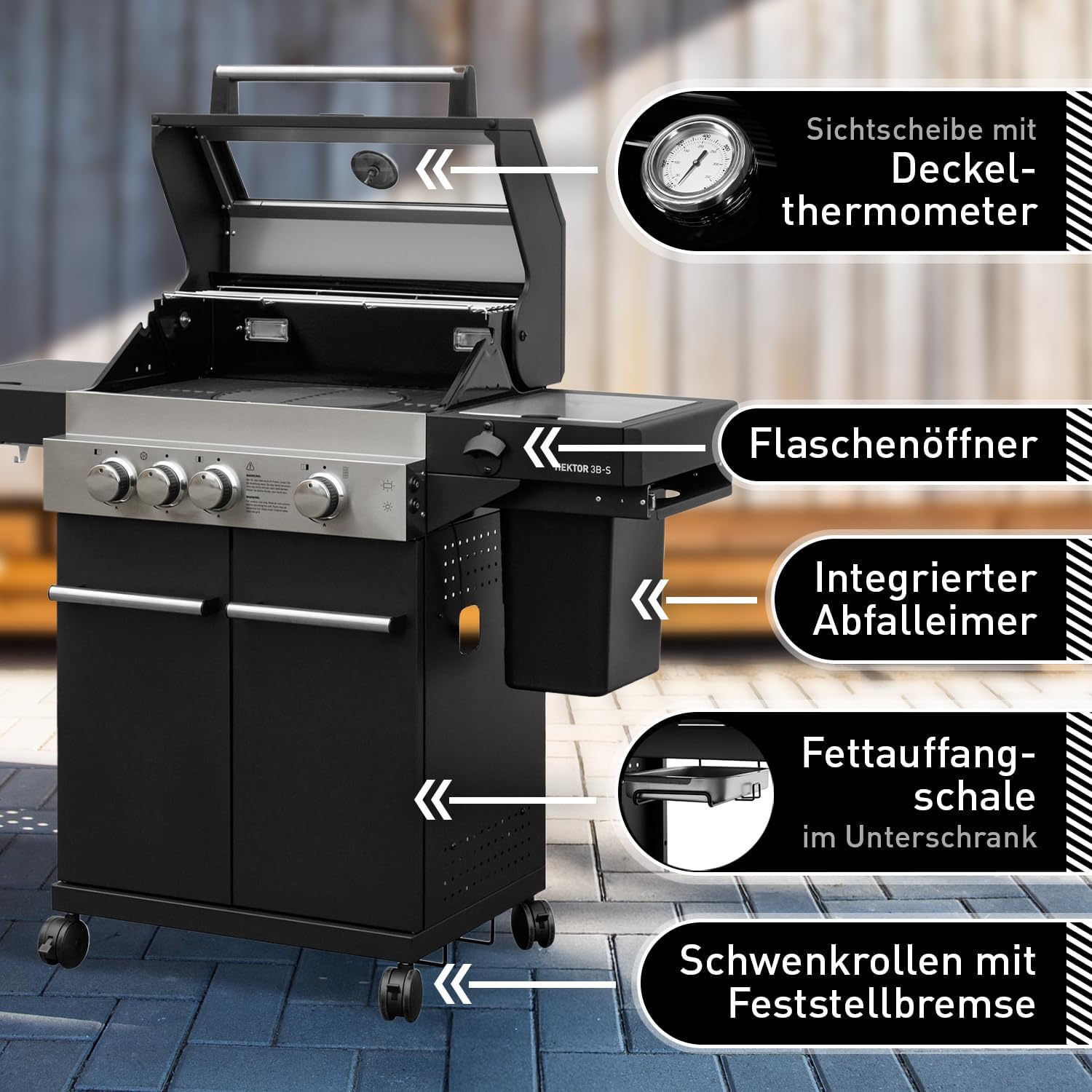 Gasgrill Hektor 3B-S Edelstahl Gasgrillstation 3 Brenner, Infrarot Sear-Brenner, Gusseisen-Grillrost, Seitenkocher und Kochplatte Inkl. Abdeckhaube für Garten, Terrasse