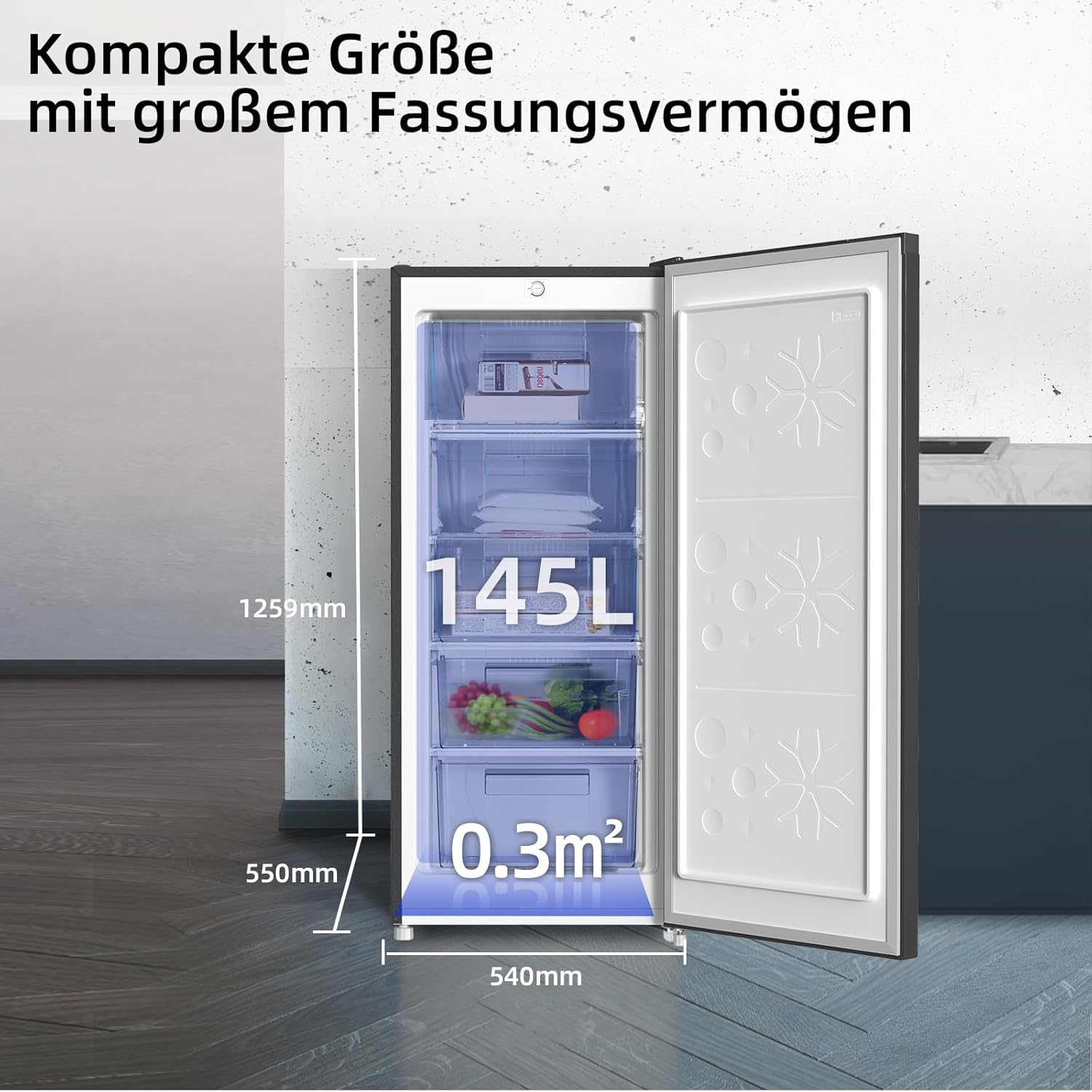 CHiQ FSD166NE4E Gefrierschrank 166 L, No Frost Technologie, Wechselbarer Türanschlag, Schwarzer Edelstahl, 144cm Höhe