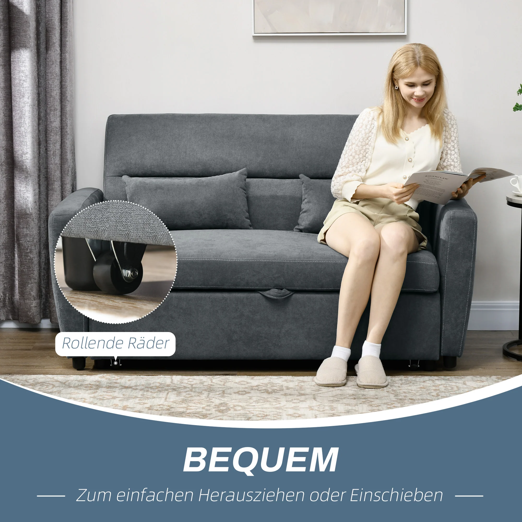 HOMCOM Uitklapbare slaapbank, 2-zits, tot 200 kg, Houten frame, 155x90x88,5cm, Donkergrijs