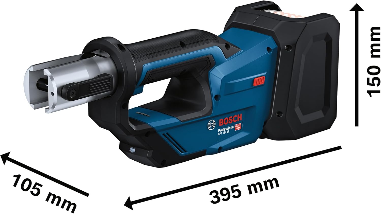 Bosch Professional 18V System Akku Presswerkzeug GPT 18V-19 (19 kN Kraft, um 360° drehbarer Kopf, inkl. Pressbacke Comp. TH16, TH20, TH26, L-BOXX)