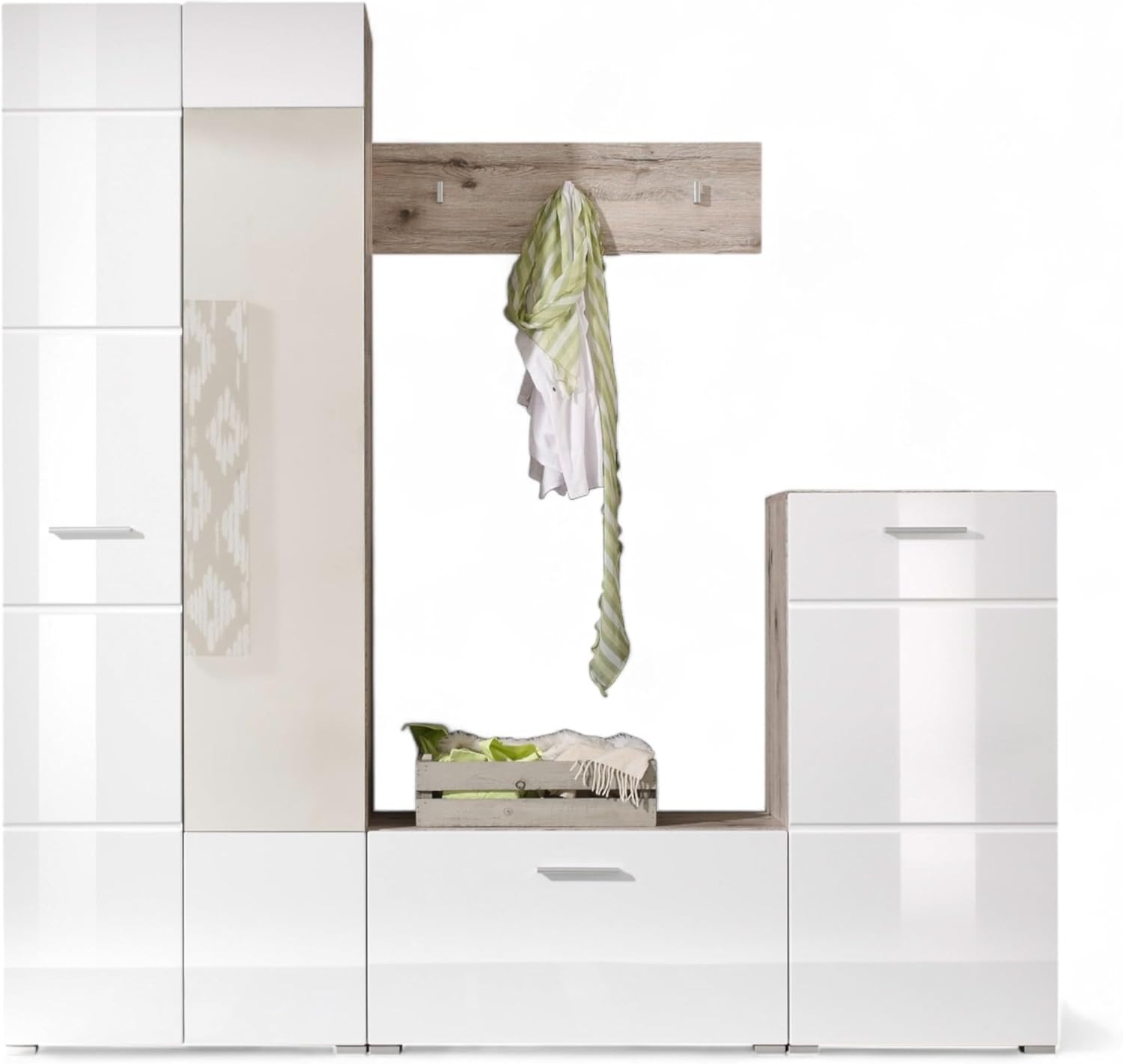 Sixx Flurgarderoben Set in Weiß Hochglanz/Sandeiche Optik - Moderne Kompaktgarderobe 4-teilig für Ihren Eingangsbereich - 195 x 195 x 36 cm (B/H/T)