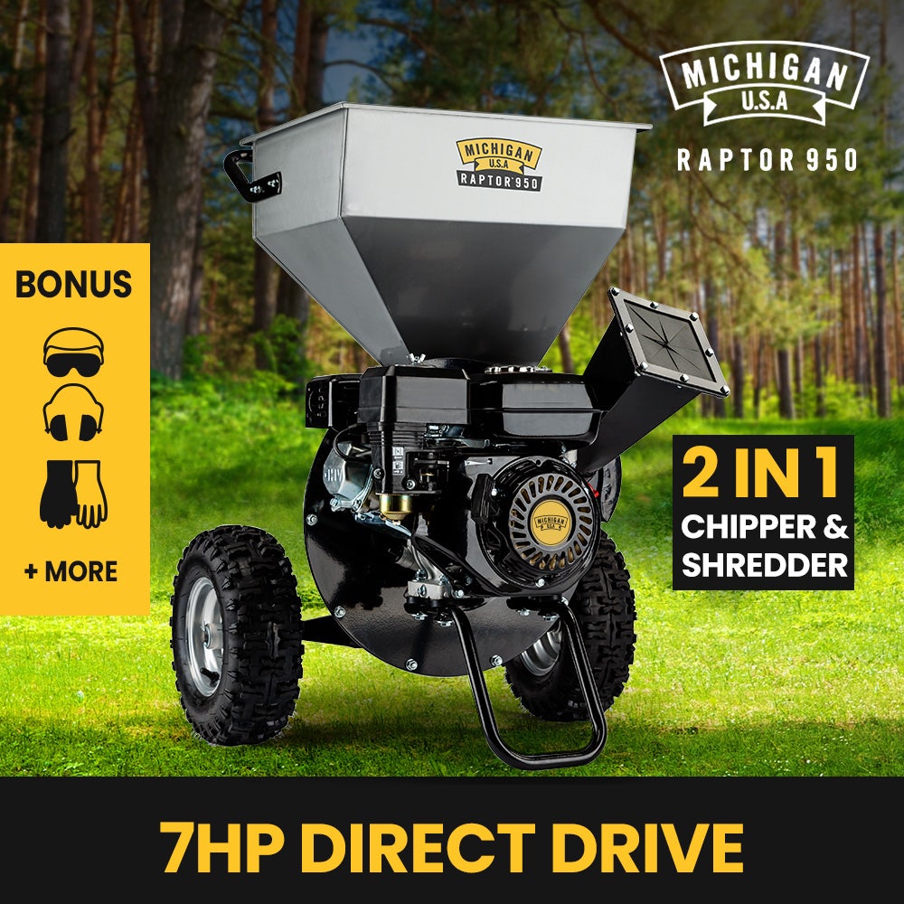 MICHIGAN 7HP 212cc Petrol Commercial Wood Chipper Shredder, Tree Mulcher - Raptor 950