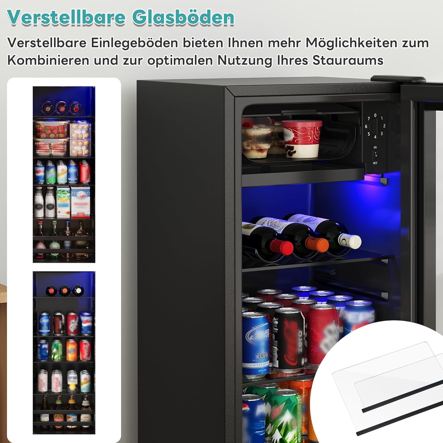Merax Kühlschrank 128L, Freistehend Getränkekühler mit 120L-Kühlschrank + 8L-Gefrierschrank, mit LED-Innenbeleuchtung und Verstellbare Einlegeböden, Superleise für Restaurant, Bar, Getränke und Bier