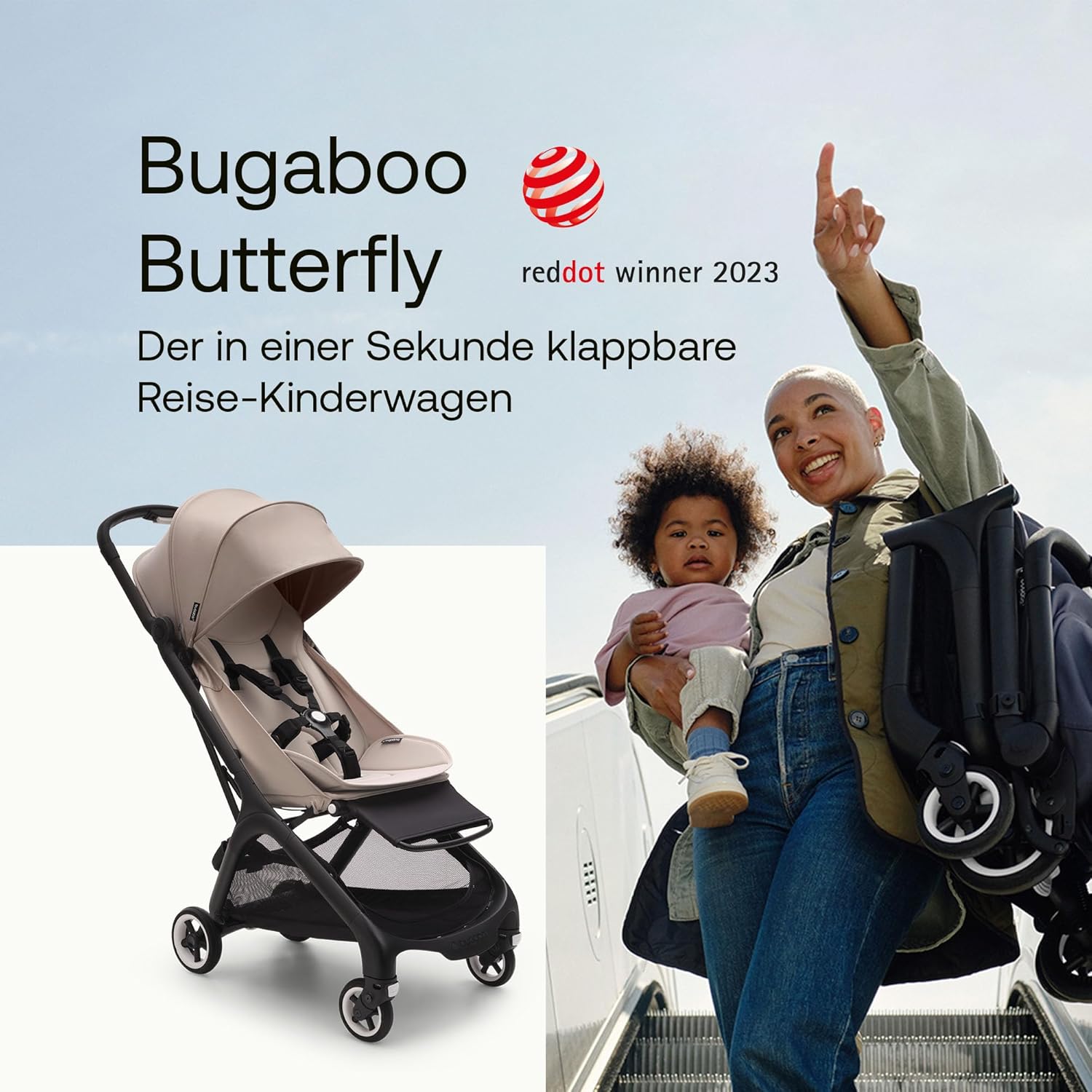 Bugaboo Butterfly ultrakompakter Reise-Kinderwagen, klein & leicht, einhändig faltbar und einfach zu lenken, ergonomischer City-Buggy für Babys ab 6 Monaten, mit viel Stauraum, Stormy Blue