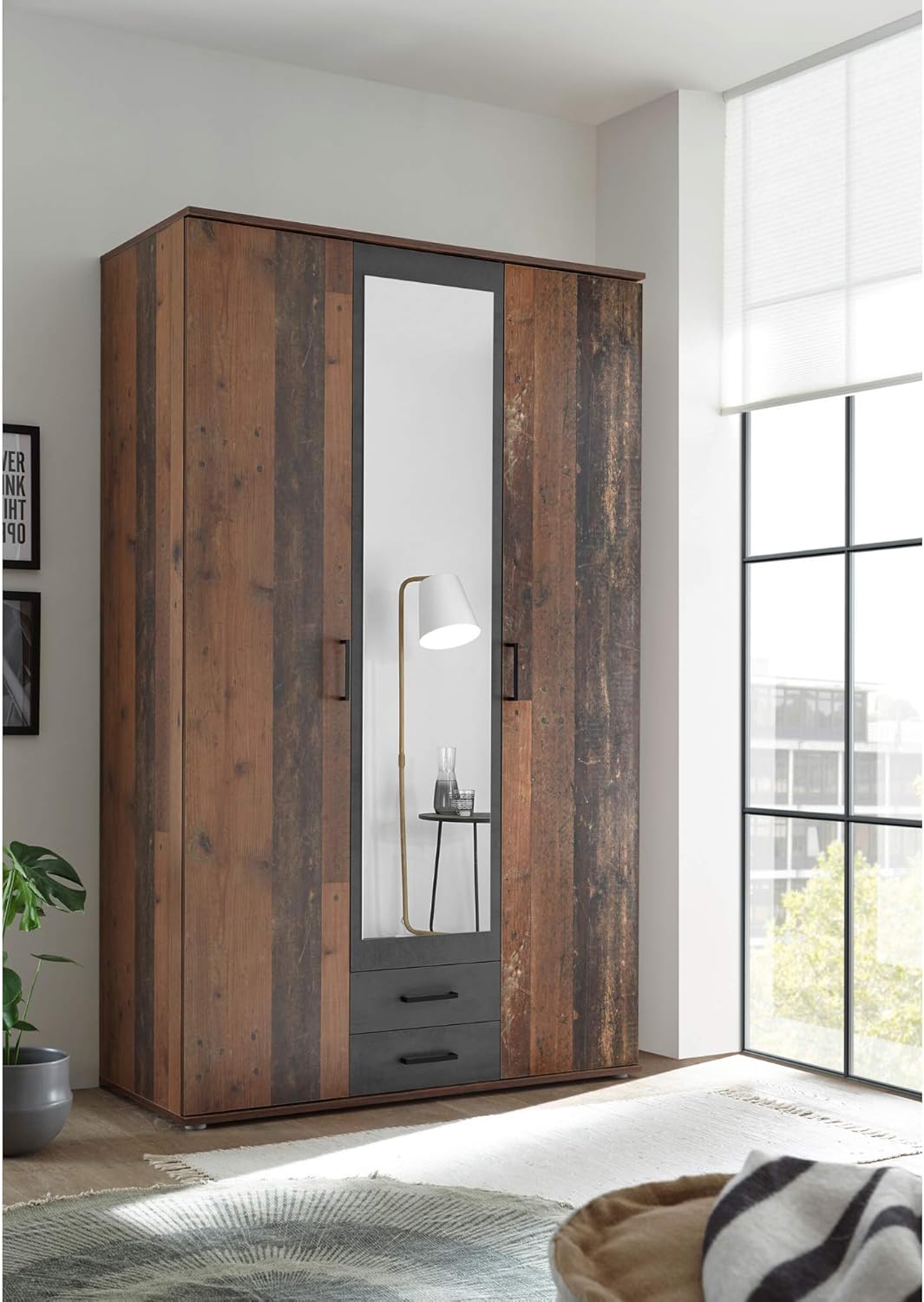 CHICAGO Eleganter Kleiderschrank mit viel Stauraum - Vielseitiger Drehtürenschrank in Old Style & Betonoxid Optik - 120 x 197 x 54 cm (B/H/T)