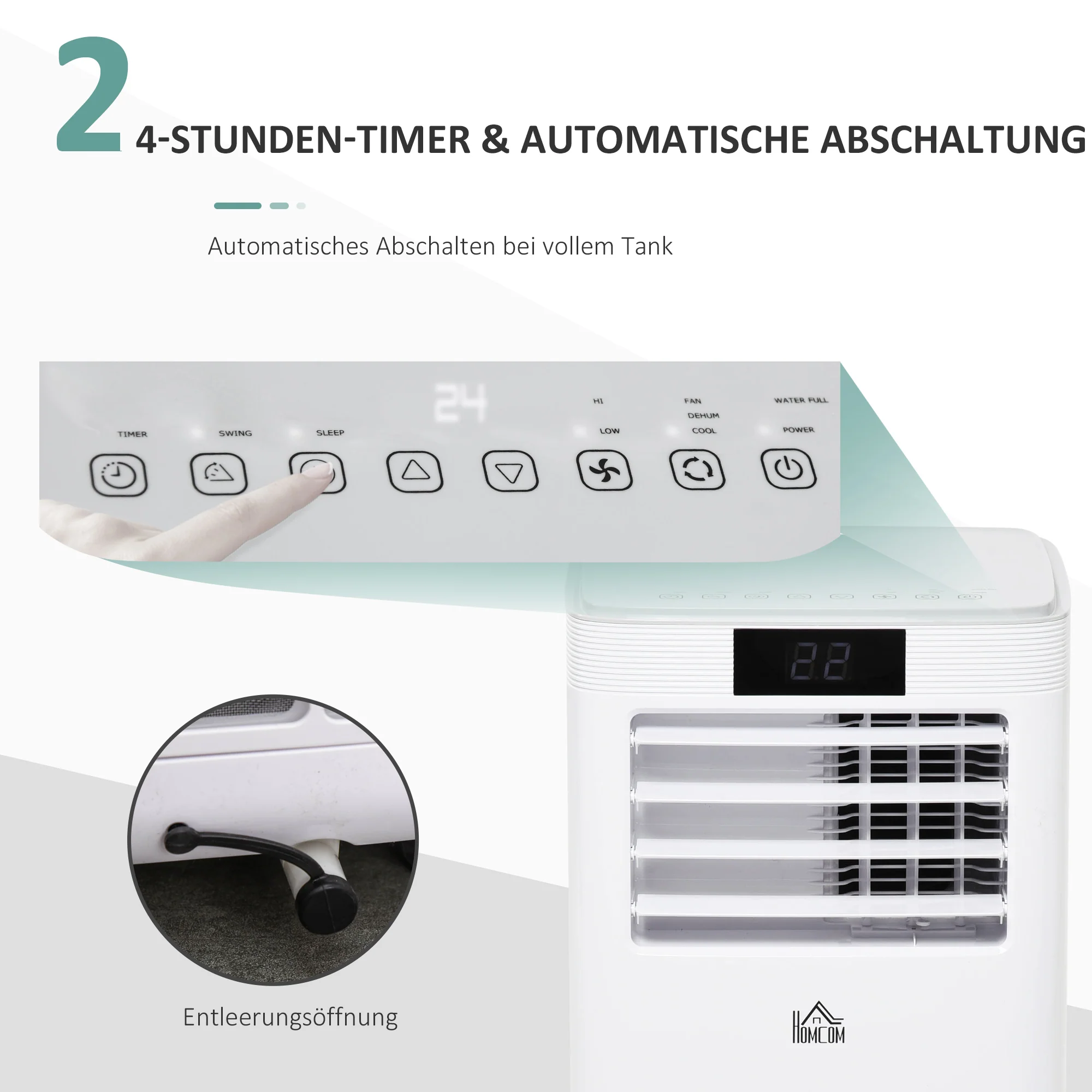 HOMCOM Mobiele airconditioner airconditioner 4 modi afstandsbediening 24u timer ABS wit