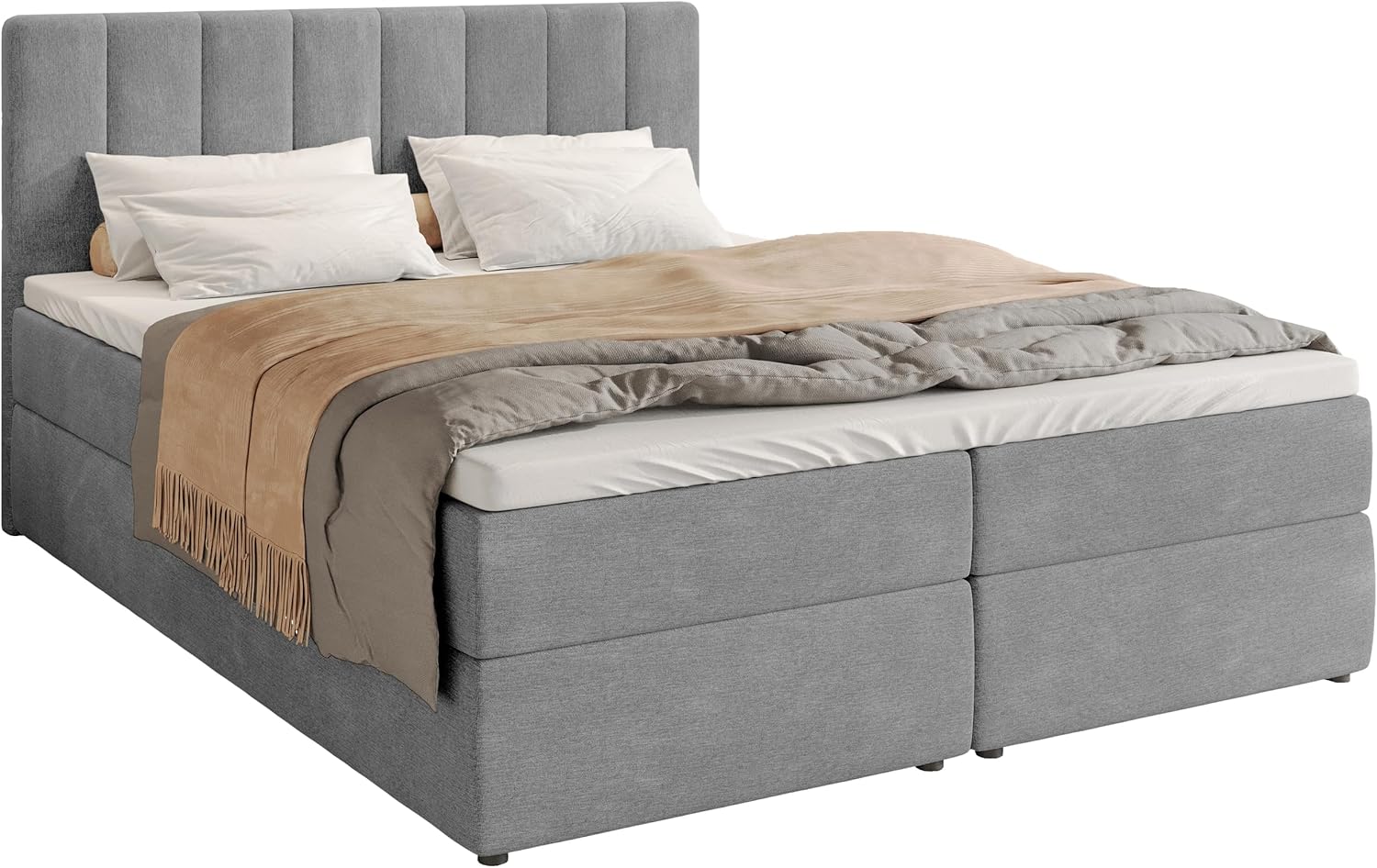 BROMARKT Boxspringbett mit Bonell Matratze Härtegrad H3 140x200cm Polsterbett mit Bettkasten Doppelbett mit Topper gepolsterte Kopfstütze Bett für Schlafzimmer Denver Hellgrau