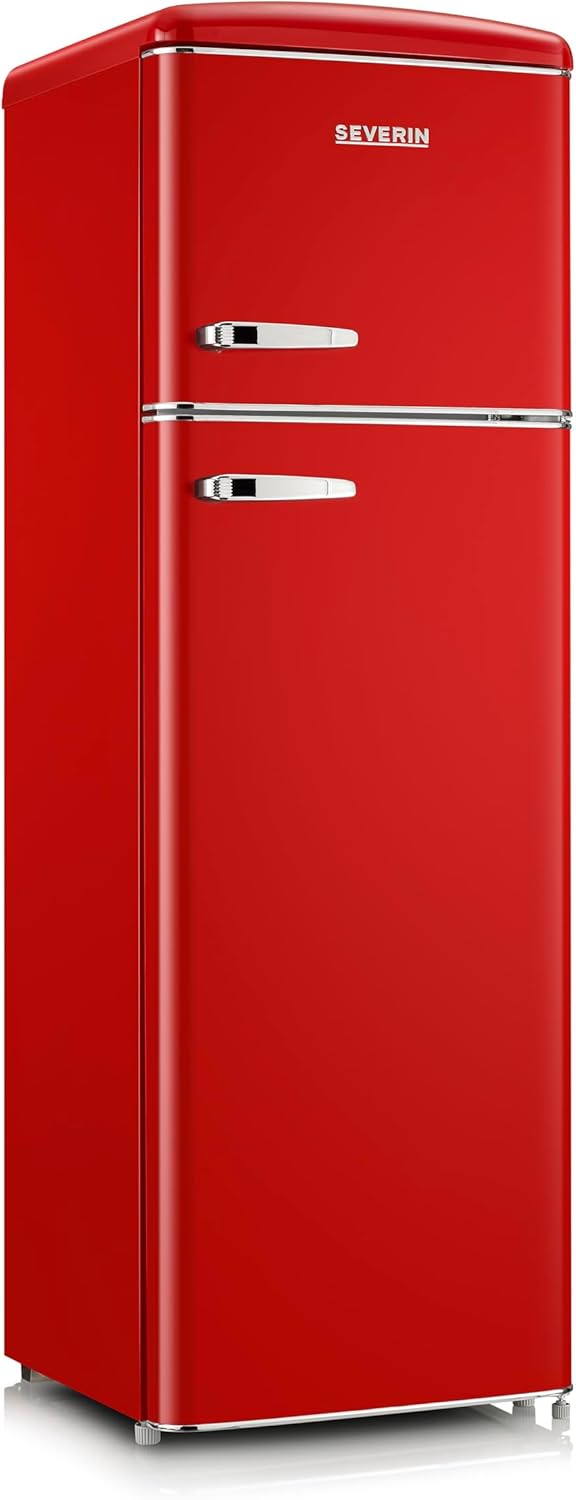 SEVERIN Réfrigérateur Congélateur 2 portes, Pose libre, Réfrigérateur Double Porte avec Congélateur Largeur 55 cm, 246 L, Classe D, Look Rétro, Rouge, RKG 8983