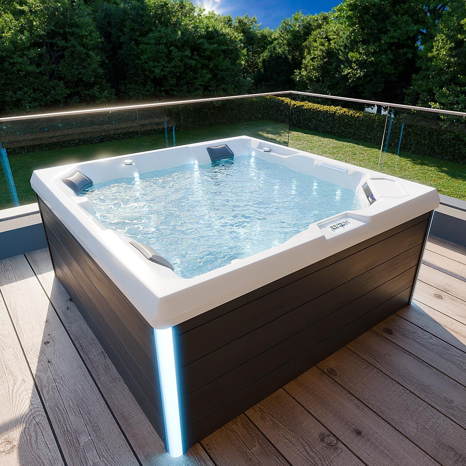 Tronitechnik® Outdoor Whirlpool Spa PANAREA außen Badewanne weiß 210cm x 210cm mit Heizung, Hydromassage und Farblichtherapie