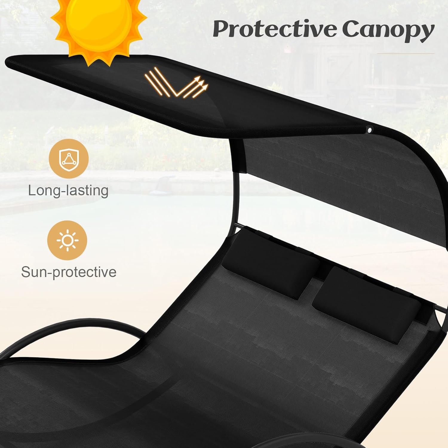 GIANTEX Sonnenliege, Doppel-Schaukelstuhl mit Dach & Kopfkissen, Outdoor Doppelliege Gartenliege, Relaxliege für 2 Personen, maximale Belastung 300kg (Schwarz)