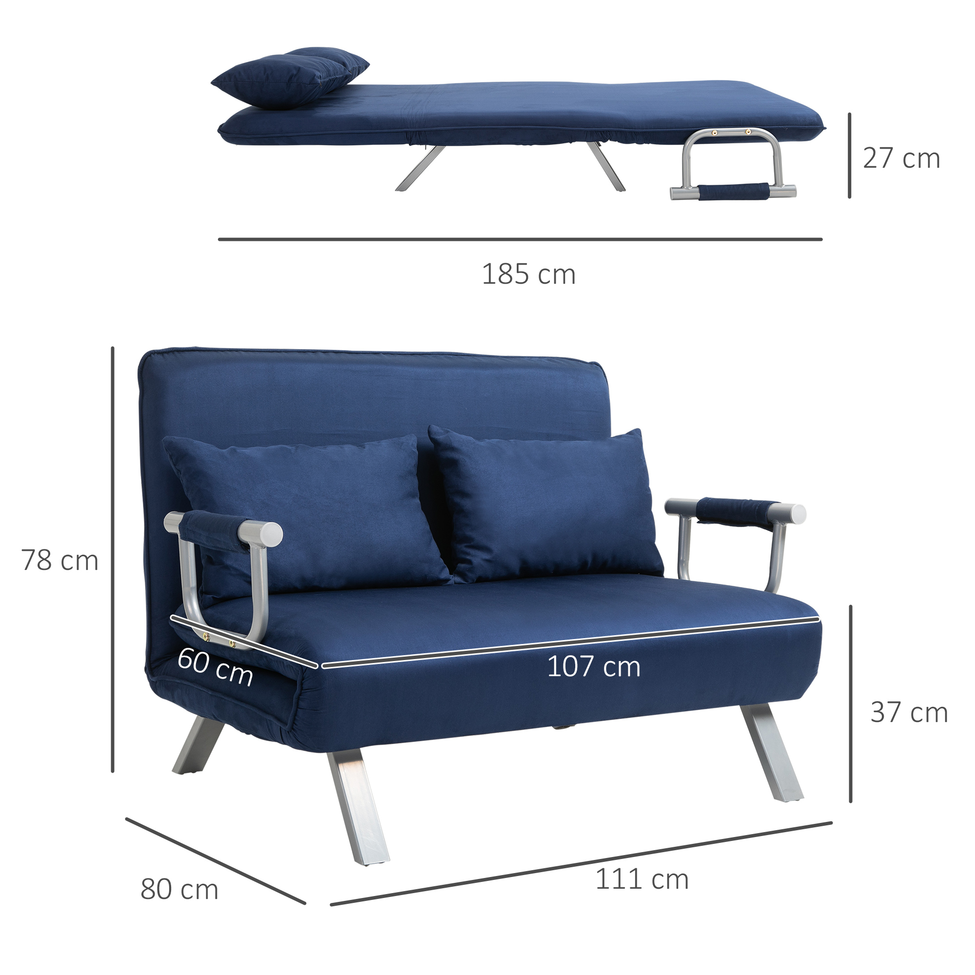 Slaapbank, 5-voudig verstelbaar, su��de-imitatie, metalen frame, incl. kussen, Marineblauw