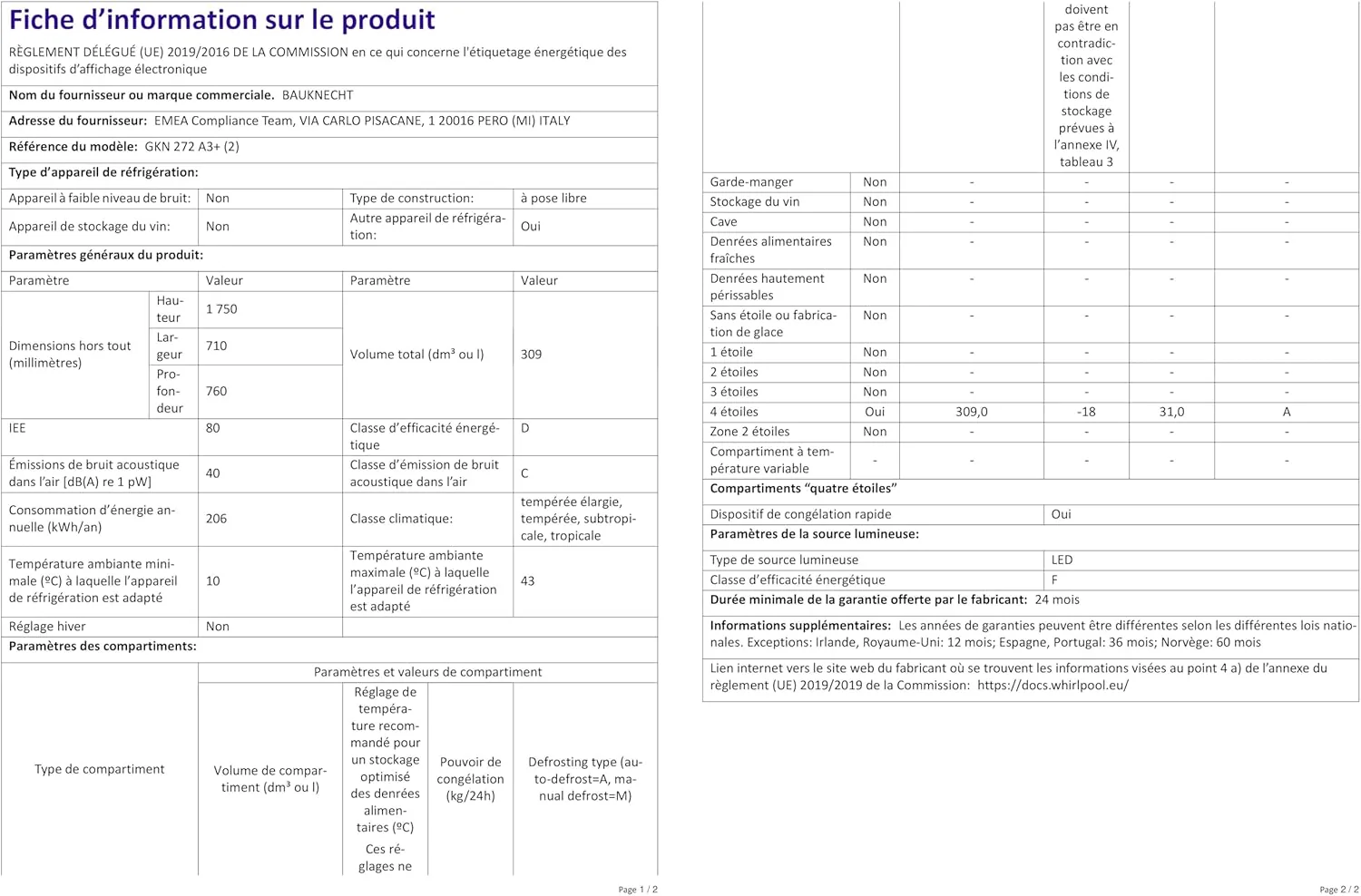 Bauknecht GKN 272 A3+ Gefrierschrank / 309 L Gesamtnutzinhalt / NoFrost / EasyOpen Ventil / Innenbeleuchtung / Elektronische Steuerung mit innenliegendem Bedienfeld, Wei?