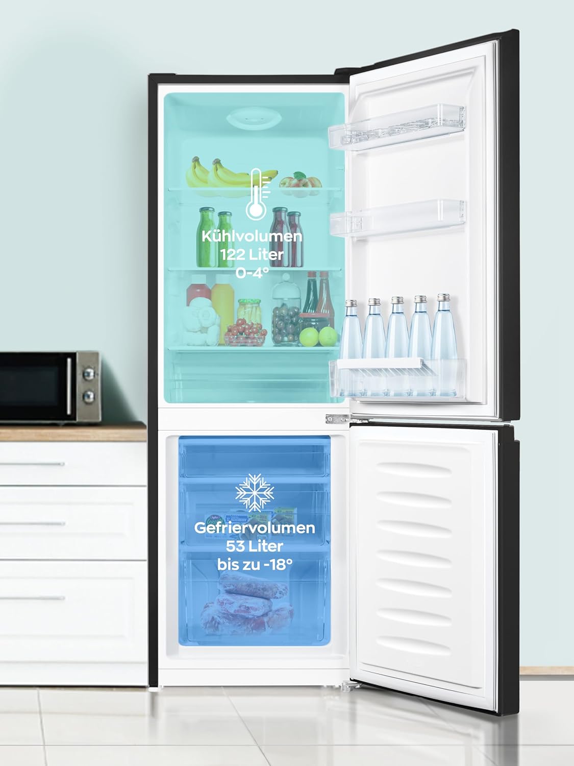 Heinrichs Fridge Freezer Combination 175 Litres, Cooling Volume 122 L, Freezer 53 L, LED Interior Lighting, Fridge Door Hinge, Changeable, Quiet 39 dB, Large Freezer Boxes, 7 Temperature Levels, inox