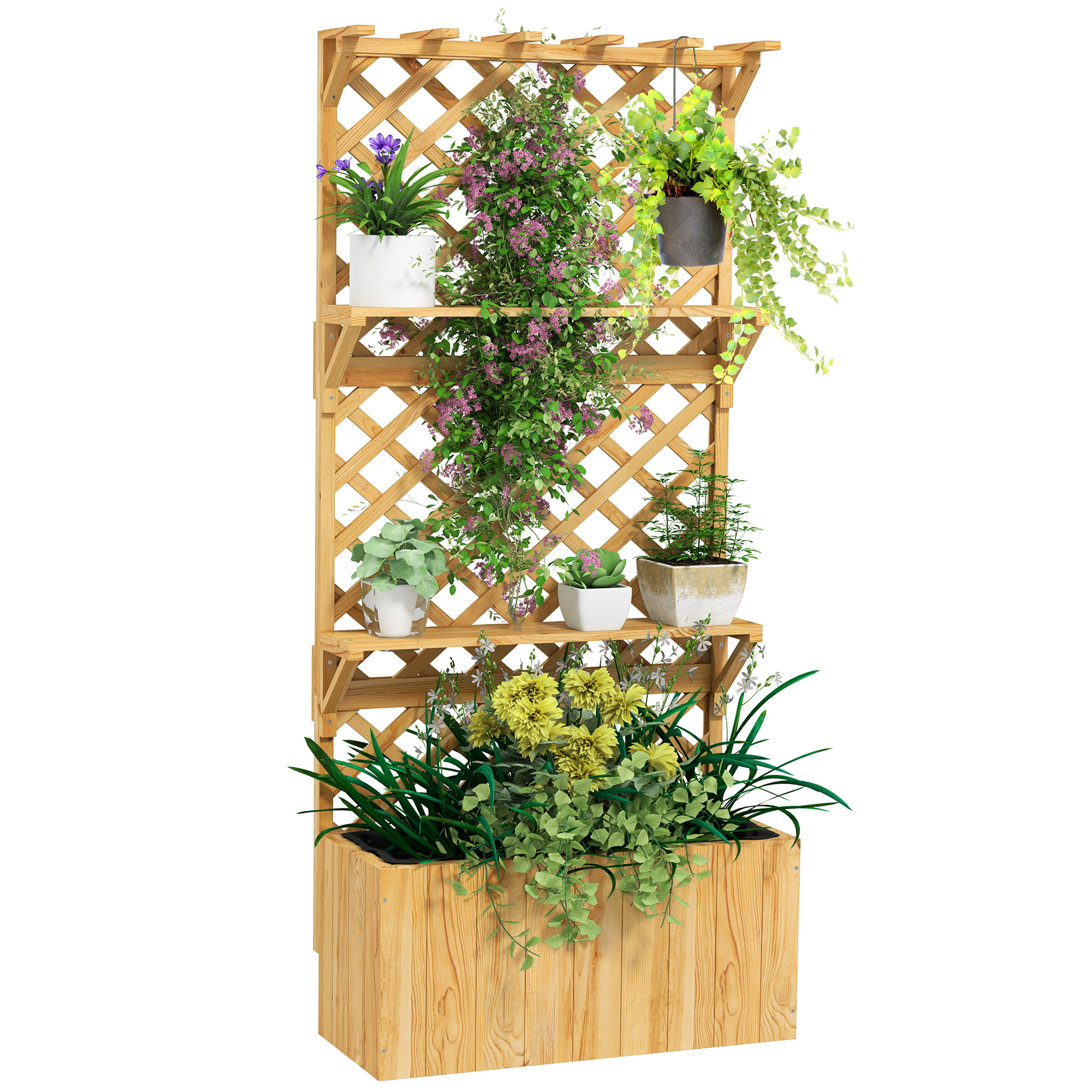 Verhoogd Bloembed met Klimrek, Bloembak, 2 Planken, Afvoergaten, 76 x 33 x 177 cm
