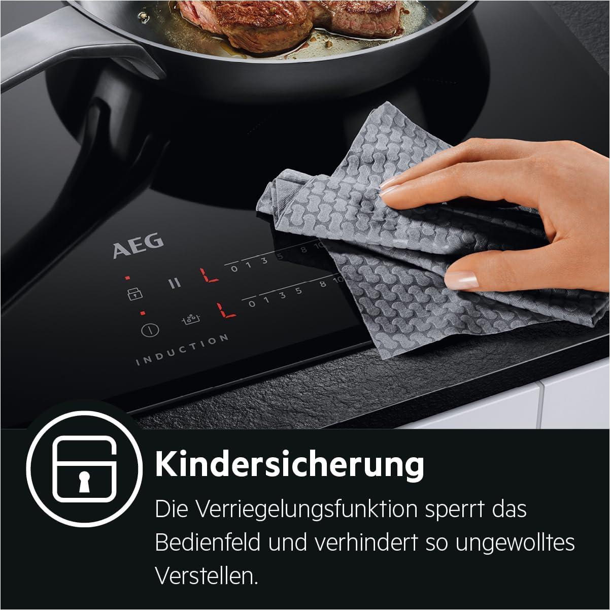 AEG IKB64431XB Autarkes Kochfeld / Induktion / Hob²Hood / Slider-Bedienung / 60 cm / Edelstahlrahmen / 4 Kochzonen / Powerfunktion / Kindersicherung