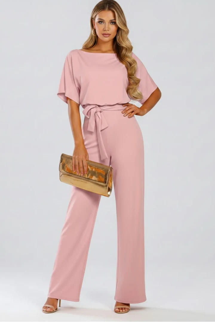 Damen Jumpsuit mit weitem Bein und G��rtel | Kurzarm Einteiler mit Rundhalsausschnitt | Flie?ender Hosenanzug f��r Damen