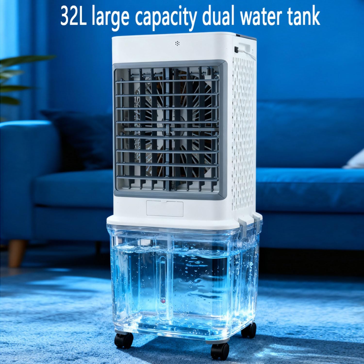 Verdunstungskühler mit 32-Liter-Wassertank, 120°-Oszillation, 3 Modi und 3 Geschwindigkeiten, 7-Stunden-Timer, Kühlakkus, tragbare Klimaanlage für Schlafzimmer und Außenbereich