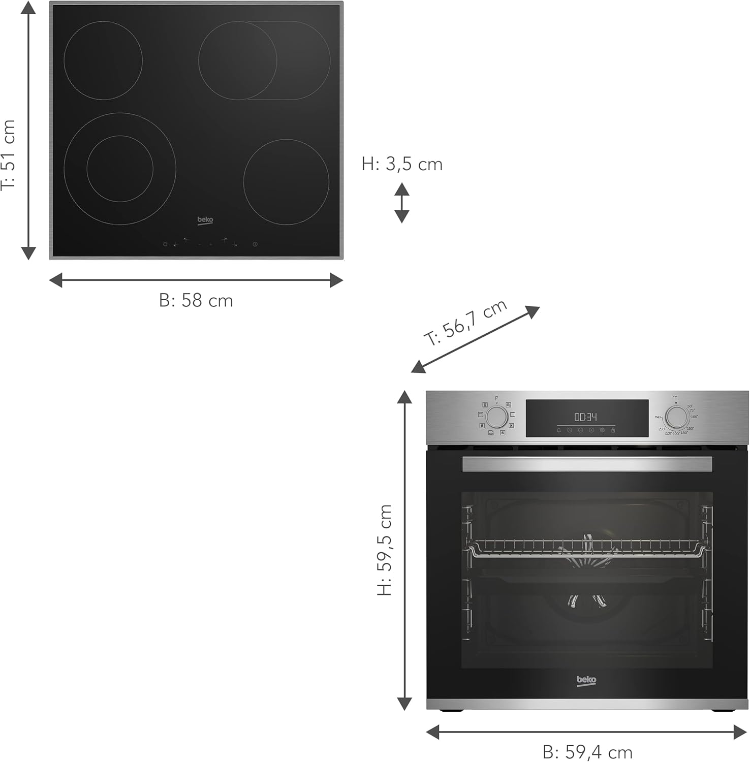 Beko BBSM12340X Einbau-Backofen-Set, zwei autarke Geräte: Induktionskochfeld mit 4 Kochzonen, Backofen mit 8 Heizarten, 72 l Garraum-Volumen, Kindersicherung, Sensortasten, Schwarz/Edelstahl