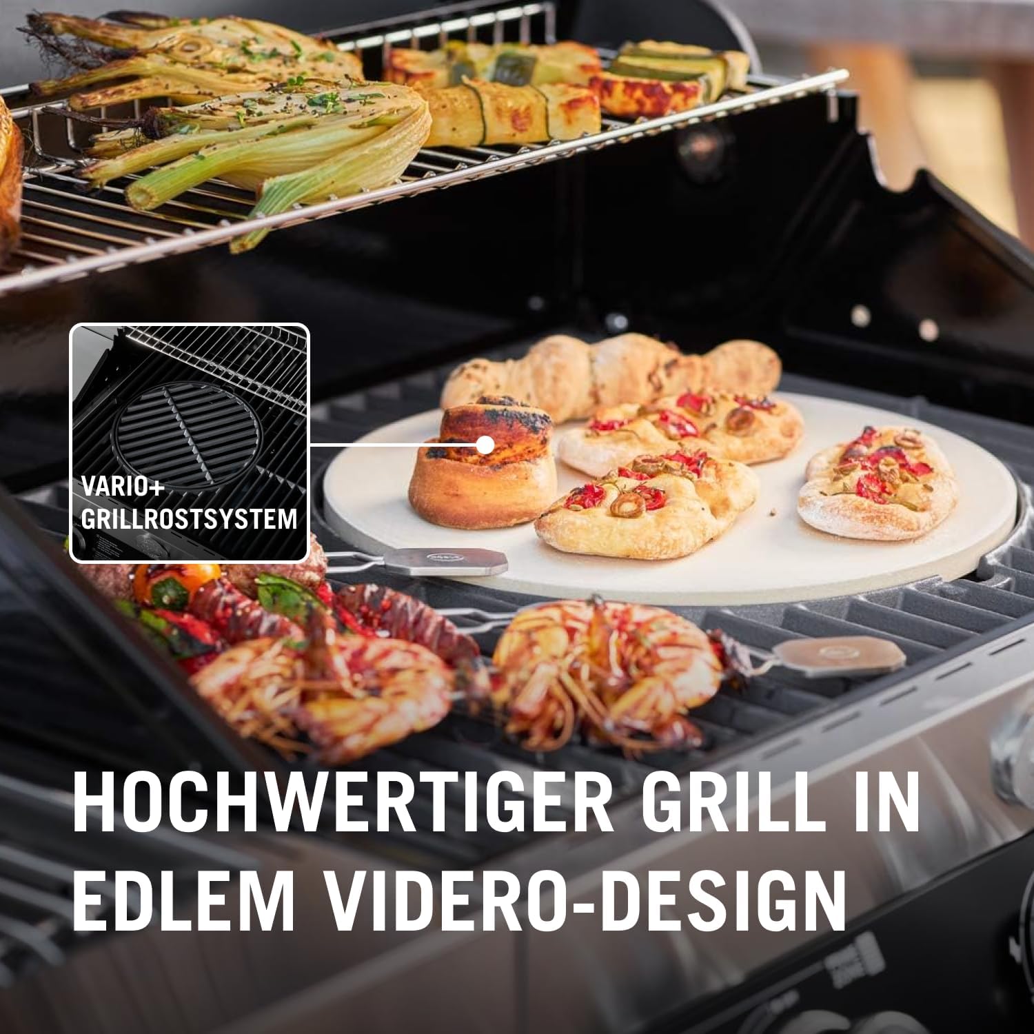 RÖSLE Elektrogrill BBQ-Portable Videro E2-P, tragbarer Tischgrill mit 2 Brennern, Warmhalterost und Deckel mit Glaseinsatz, pulverbeschichteter Stahl, schwarz/silbern