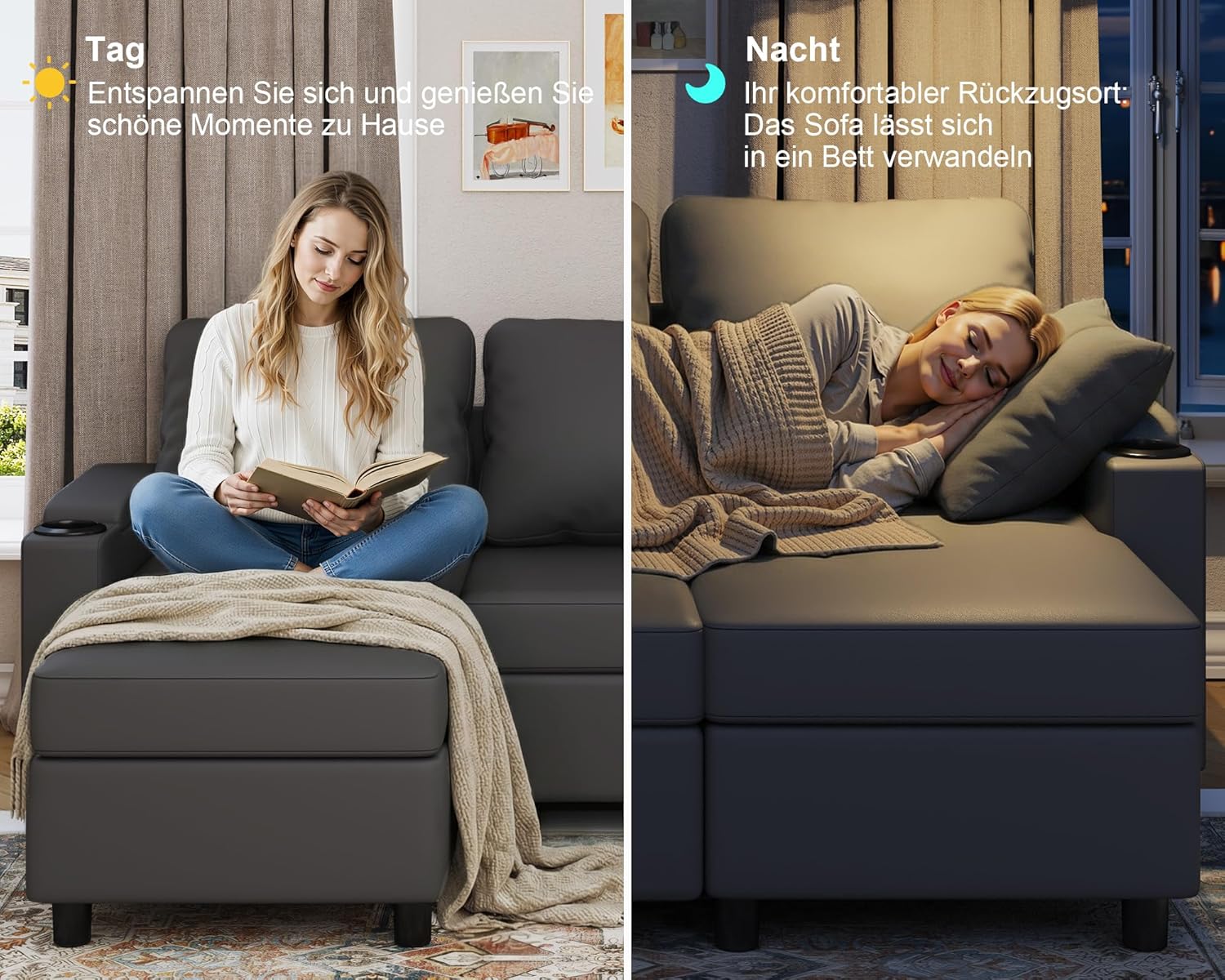 Devoko Ecksofa mit Schlaffunktion und Bettkasten L-Form Sofa 3-Sitzer Ausziehbares Schlafsofa Leder Couch Kleines Schlafcouch für Wohnung und Wohnzimmer, Schwarz