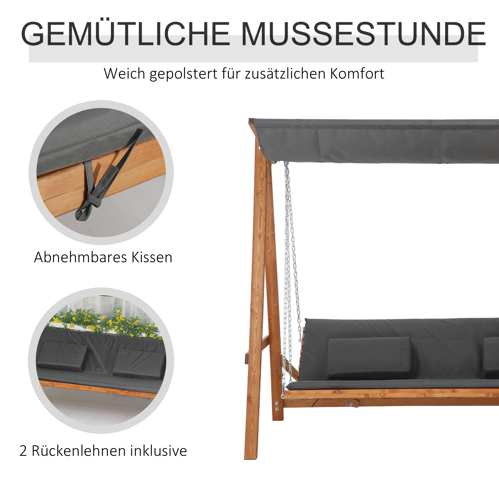 Outsunny hangmatschommel met bedfunctie 3-zits tuinschommel met dak ligbed tuinbank Lariks hout polyester grijs + teak 225.5 x 113 x 180 cm