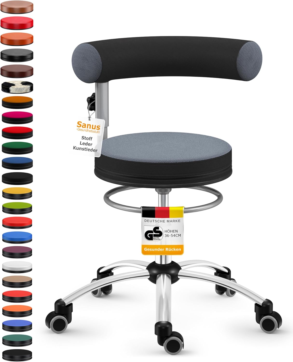 Sanus®-Gesundheitsstuhl | Rollhocker mit 360° Lehne, höhenverstellbarer Lehne, Sitzhöhe (42-51 cm), Stoffbezug grau/schwarz, Rollstopp-Rollen. Ergonomischer Bürostuhl, Erzieherstuhl