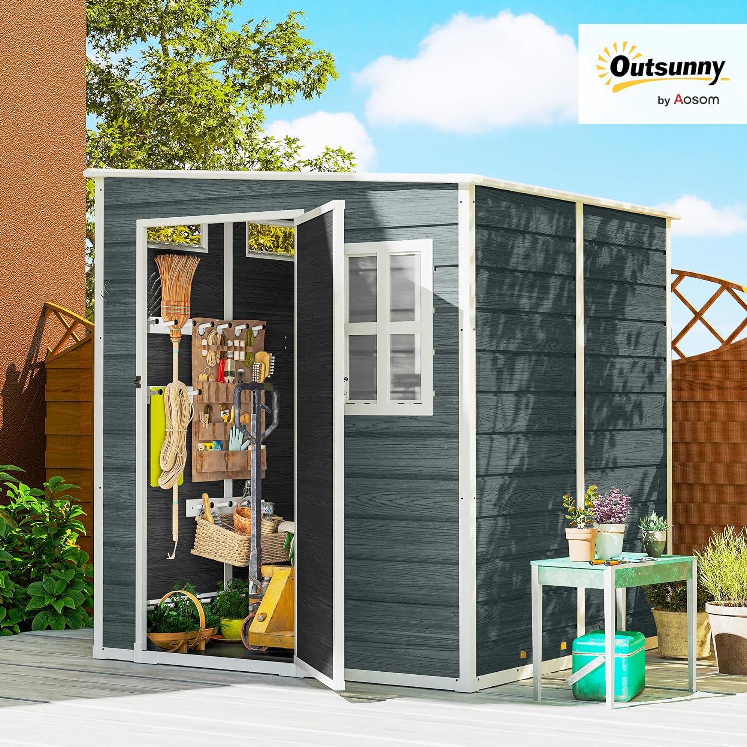 Outsunny Gerätehaus 2,89 m² Geräteschuppen mit Holzoptik 3 Fenster 182 x 182 x 196 cm Kunststoff Gartenschuppen mit Belüftung Boden Schloss Handschuhe, Gartenhaus für Werkzeuge Fahrrad Grau
