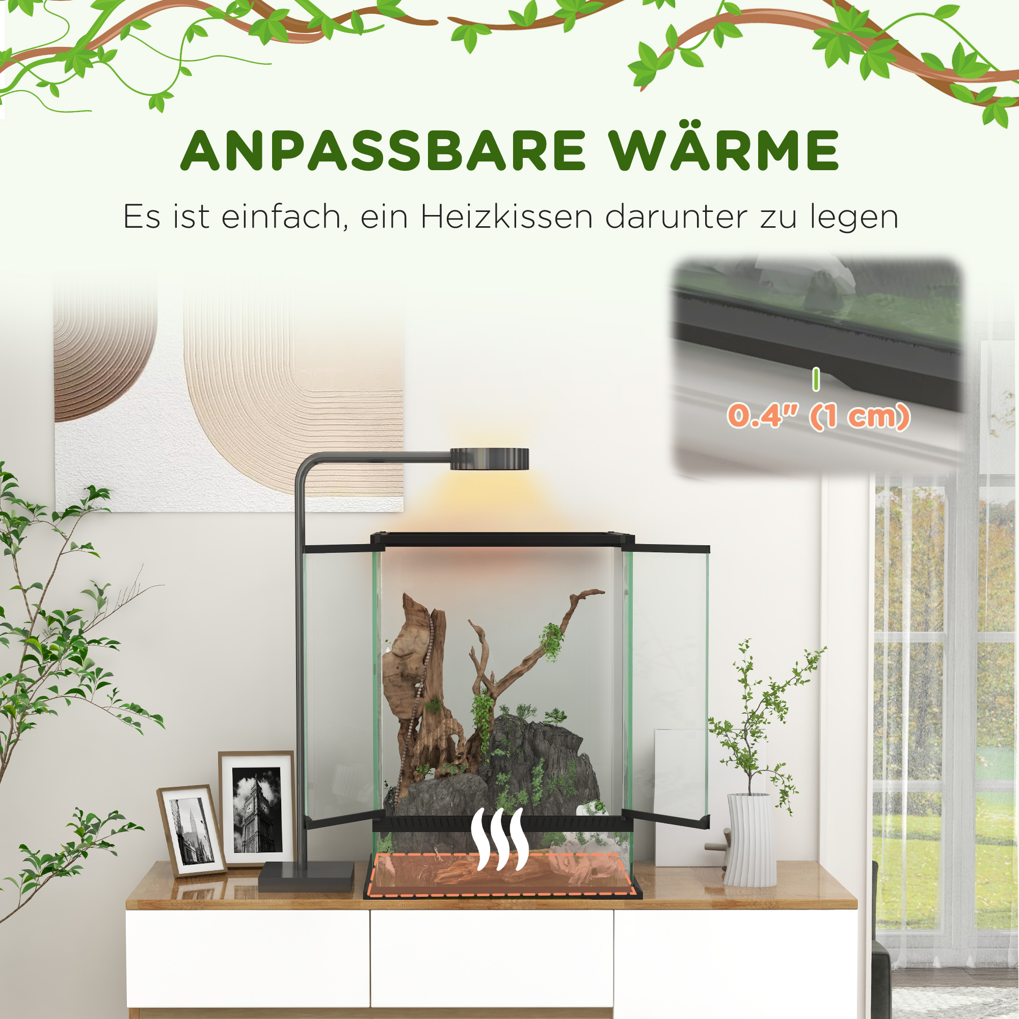 Afsluitbaar Terrarium, Glazen Behuizing, Kabelbeheer, 45x45x60cm, Zwart